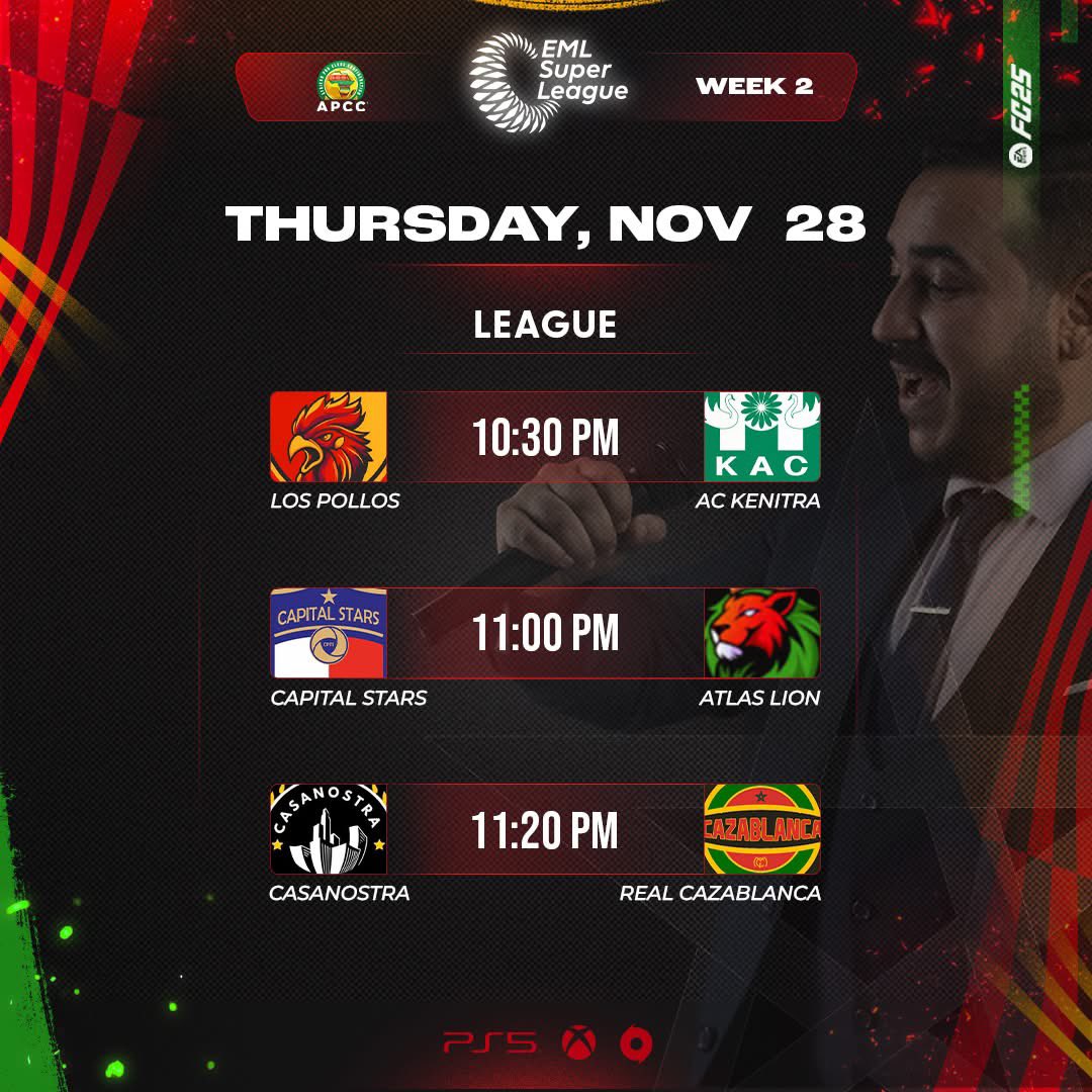 E-Moroccan League (@vpg_eml) on Twitter photo ๐ฅ ุงูุฎู
ูุณ = ูููุฉ ุงูู
ูุงูุณุฉ ๐ฅ
ุชุงุจุน ู
ุจุงุฑูุงุช ุงูุฏูุฑู ุงูู
ุบุฑุจู ุงูุฅููุชุฑููู EML Super League - ุงูุฃุณุจูุน ุงูุซุงูู!
โฐ10:30 | ๐ Los Pollos ๐ ๐ฟ KAC
โฐ11:00 | โญ Capital Stars ๐ ๐ฆ Atlas Lion
โฐ11:20 | ๐๏ธ Casanostra ๐ ๐ข Real Casablanca
Caster : <a href="/DenverCasterMA/">DenverCasterMA</a> ๐บ ๐ฅ ุงูุฎู
ูุณ = ูููุฉ ุงูู
ูุงูุณุฉ ๐ฅ
ุชุงุจุน ู
ุจุงุฑูุงุช ุงูุฏูุฑู ุงูู
ุบุฑุจู ุงูุฅููุชุฑููู EML Super League - ุงูุฃุณุจูุน ุงูุซุงูู!
โฐ10:30 | ๐ Los Pollos ๐ ๐ฟ KAC
โฐ11:00 | โญ Capital Stars ๐ ๐ฆ Atlas Lion
โฐ11:20 | ๐๏ธ Casanostra ๐ ๐ข Real Casablanca
Caster : <a href="/DenverCasterMA/">DenverCasterMA</a> ๐บ