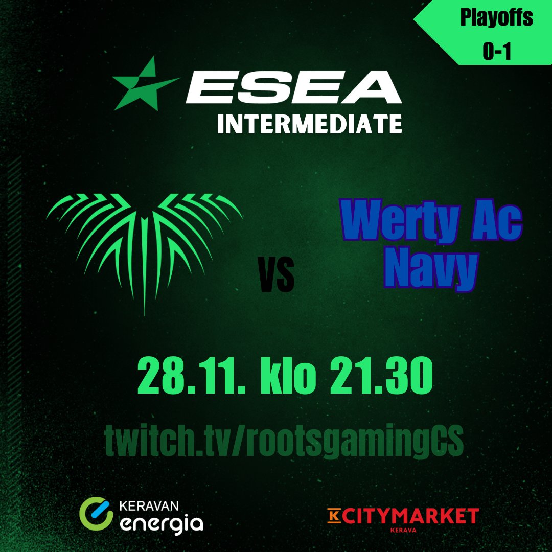 Playoffit jatkuu! 🔥 Tänään tarvitaan W
⏰️: 21.30, BO3 
🎙: <a href="/ShtgnCasting/">Sami "Shtgn" Kangas</a> 
📺: RootsGamingCS 

#Rooting4Roots #espotsfi