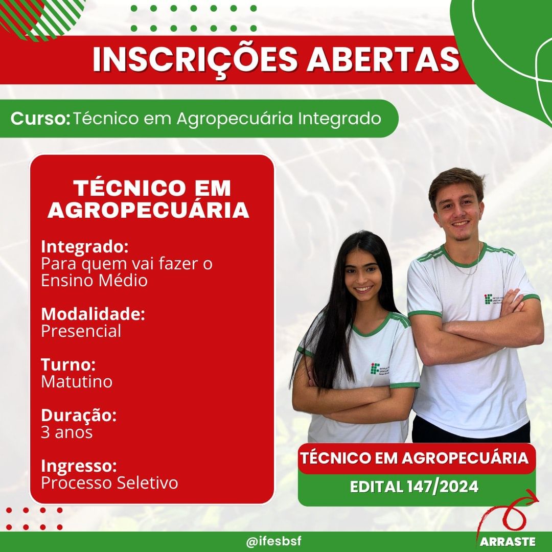 Faça um curso técnico presencial no campus do Ifes em Barra de São Francisco!

São oportunidades para quem já terminou o Ensino Médio (técnico subsequente) ou para quem quer fazer o Ensino Médio no Ifes (técnico integrado).

Inscreva-se até 8 de dezembro: ifes.edu.br/processosselet…
