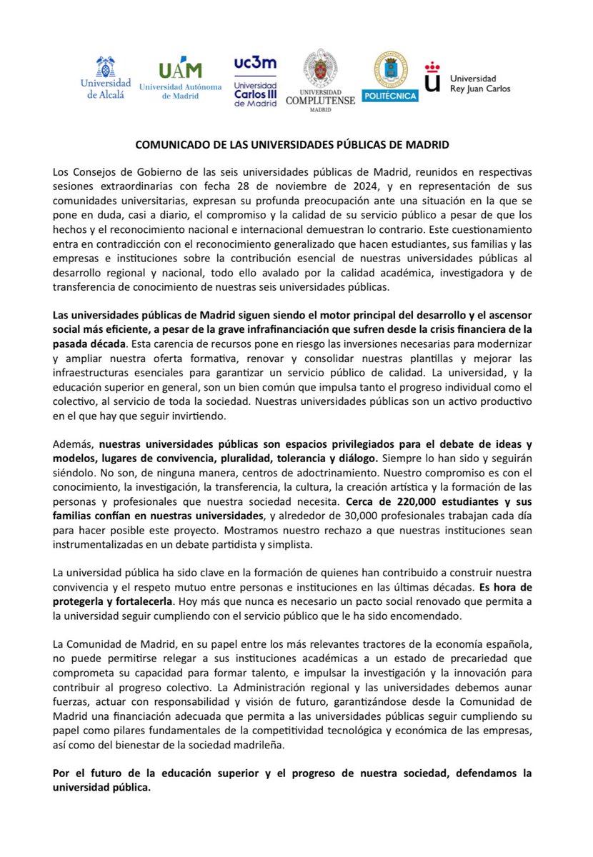 Alex Mármol (@ccambientalex) on Twitter photo ‼️ COMUNICADO DE LAS UNIVERSIDADES PÚBLICAS MADRILEÑAS
Las seis universidades han aprobado, en Consejos de Gobierno extraordinarios, el texto aquí publicado.
La universidad pública está harta del acoso del Partido Popular, y ha dejado de callarse 👏🏻
<a href="/uamporlapublica/">UAM por la Pública</a> ‼️ COMUNICADO DE LAS UNIVERSIDADES PÚBLICAS MADRILEÑAS
Las seis universidades han aprobado, en Consejos de Gobierno extraordinarios, el texto aquí publicado.
La universidad pública está harta del acoso del Partido Popular, y ha dejado de callarse 👏🏻
<a href="/uamporlapublica/">UAM por la Pública</a>