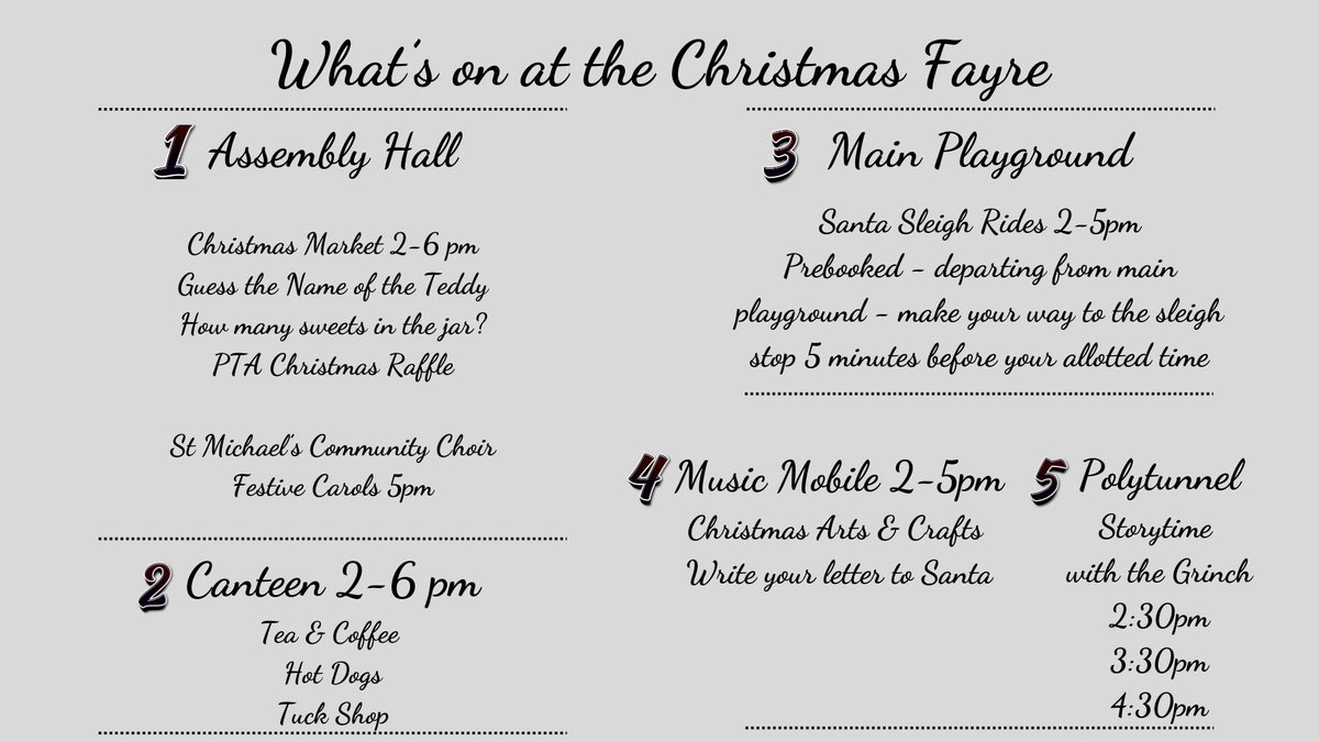 🎄 Just 3 days until the Christmas Fayre! 2-6pm

Get your Christmas Tree
Shop local vendors &amp; student entrepreneurs
Enjoy snacks &amp; hot drinks
Santa’s Sleigh Rides (prebooking required) from 2-5 PM
Storytime with the Grinch
Arts &amp; crafts, &amp; Santa Letters

End the day with carols