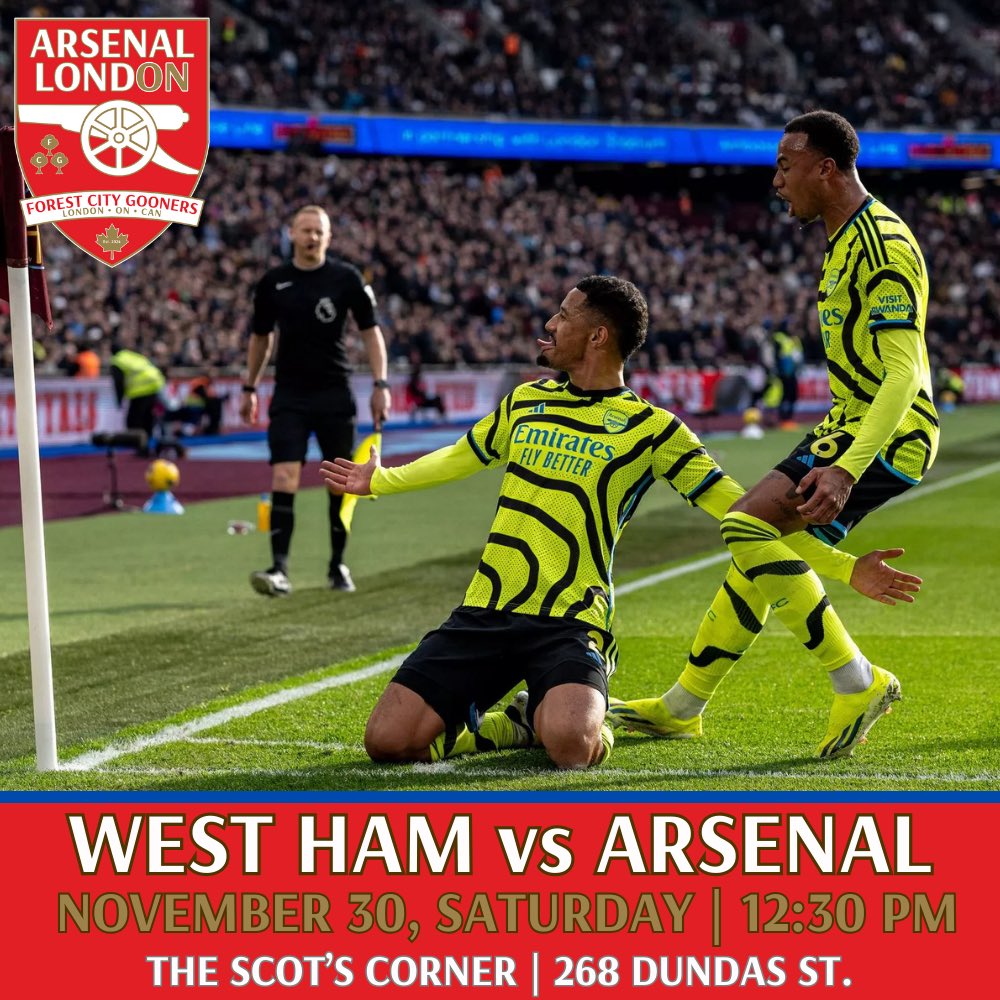 Join us at Scots on Saturday and cheer on our Gunners as we go away to West Ham. Scot’s will have their Canadian and Full Scottish breakfasts, a daily special, and $7 pints of their local lager. 

12:30 PM kickoff, see you there!

#GreatWhiteNorthBank #ldnont #Arsenal #COYG