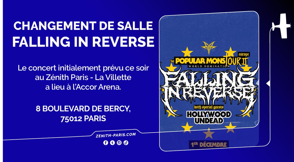 📢 RAPPEL - CHANGEMENT DE SALLE 📢

Le concert de Falling in Reverse initialement prévu ce soir au Zénith Paris - La Villette aura lieu à l'Accor Arena : même dates, mêmes horaires, seule la salle change !
Vos billets restent valables.