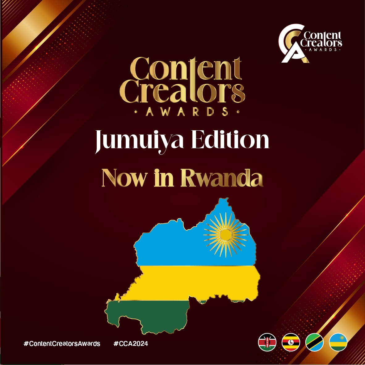 Content Creators Awards Jumuiya Edition now in Rwanda, submit your nomination at ccawards.africa

#ContentCreatorsAwards #JumuiyaEdition #Kenya 🇰🇪 #Uganda 🇺🇬 #Tanzania 🇹🇿 #Rwanda 🇷🇼