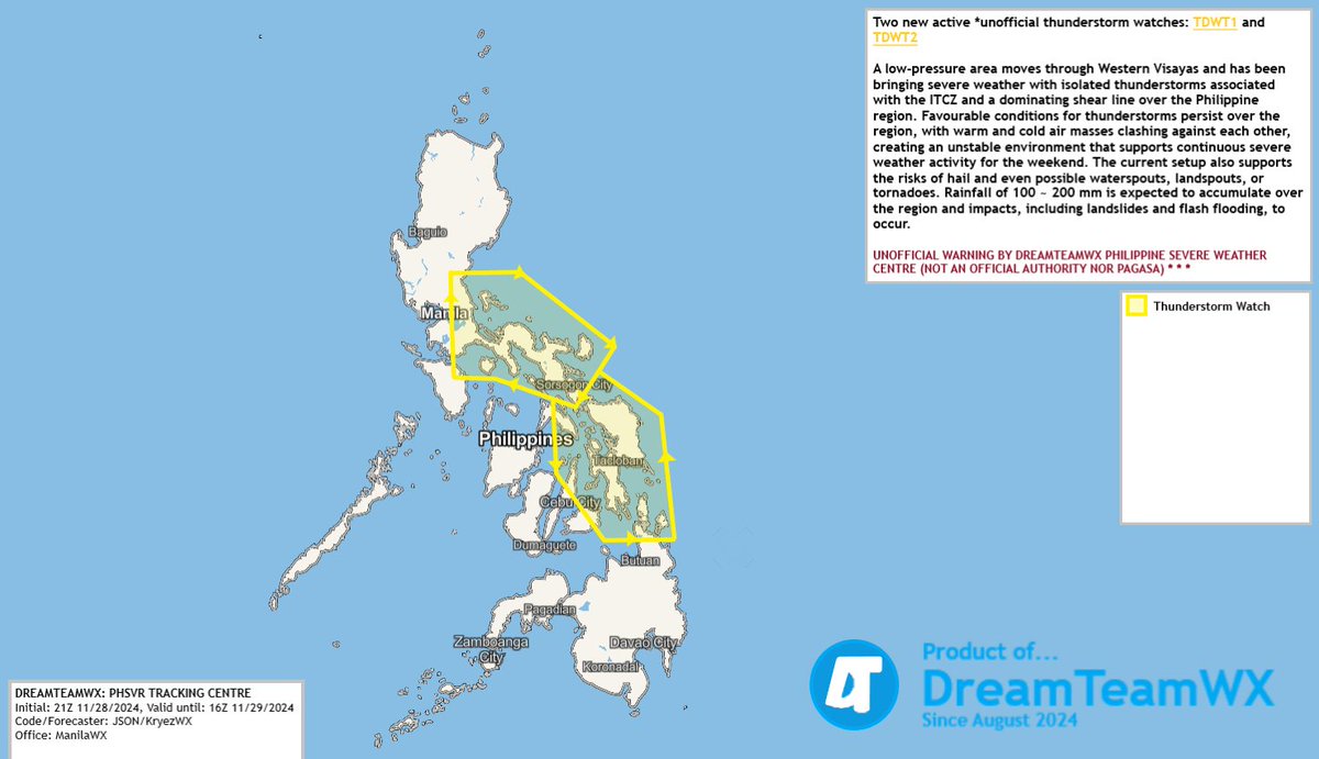 Kryezzy's tweet photo. TWO UNOFFICIAL THUNDERSTORM WATCHES-DREAMTEAMWX:PHSVRTC UNOFFICIAL WARNING  (NOT AN OFFICIAL AUTHORITY)

RISKS OF #TORNADOES AND #HAIL WITH SEVERE THUNDERSTORMS FOR AREAS SUCH AS #BICOL #QUEZON #SAMAR WITH HEAVY 100-200MM RAINFALL ACCUMULATION

MORE INFORMATION IN ATTACHMENT https://t.co/wSMdRbd1cI