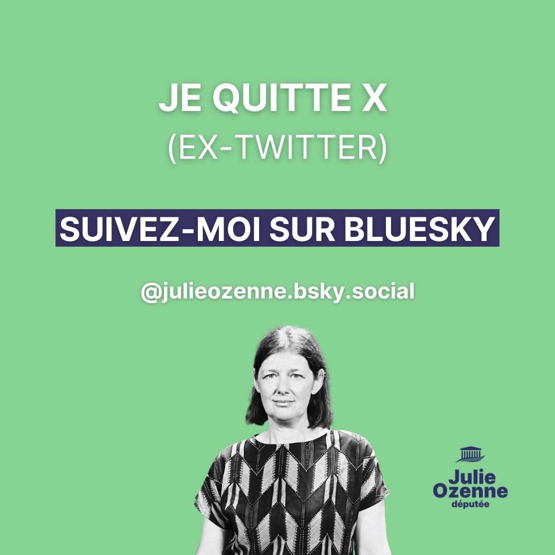 Je ne publierai plus sur X. 

👀 Pour suivre mes actions, vous pouvez désormais me suivre sur Bluesky 👉@julieozenne.bsky.social