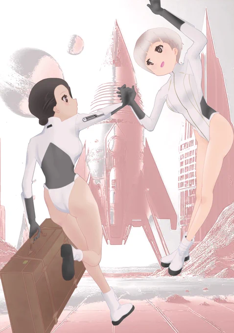 絵師、室見川するめちゃんにイラストの依頼をしました!ダーティーペアのような二人組の女性です。皆さんもドシドシ依頼してみて下さい 