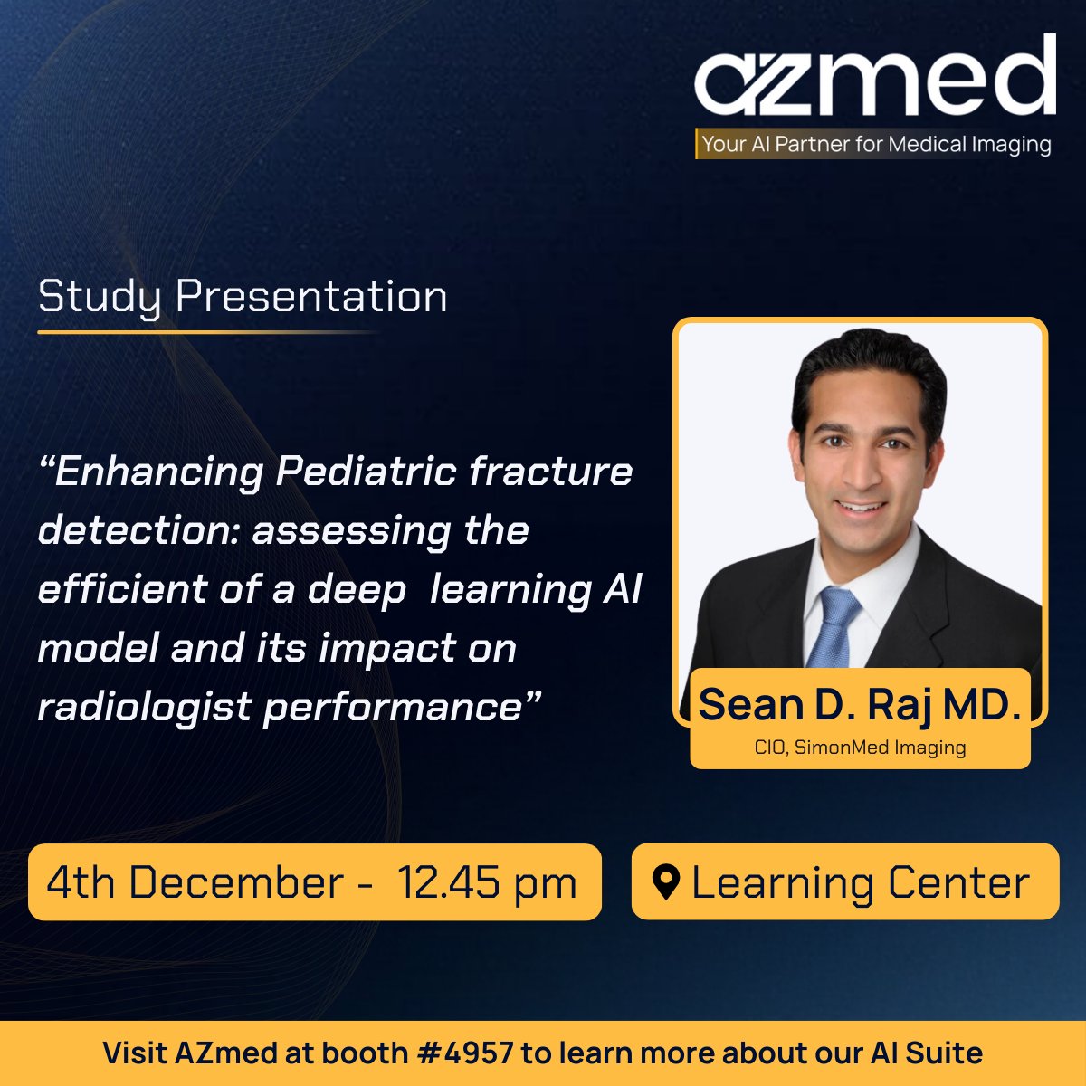 AZmed_AI's tweet photo. At #RSNA2024, AZmed will be participating in key sessions addressing the future of AI and its role in medical imaging. Here's where to follow along:

🎤 Poster Presentation:
1️⃣ "Enhancing Pediatric Fracture Detection: Assessing the Efficiency of a Deep Learning AI Model and Its Impact on Radiologists' Performance"
🗓️ 4th December | ⏰ 12:45 PM |📍Learning Center
Presented by Dr. @SeanRajMD, CIO, SimonMed Imaging

🎤 Panel Discussions: 
1️⃣ “Value Propositions of AI Applications within Clinical Settings”
🗓️ 2nd December | ⏰ 11:00 AM |📍Booth #5733, @CARPLai
Featuring Alexis, Sales Executive, AZmed

2️⃣ “Enhance Patient Outcomes and Empowerment with AI”
🗓️ 3rd December | ⏰ 11:00 AM |📍Booth #4729, @Blackford
Featuring Julien Vidal, CEO, AZmed

Stop by our booth #4957 to learn how our Rayvolve® AI Suite can support your clinical practice with increased diagnostic efficiency and improved patient care outcomes.

👉 Book an on-site demo with our team in advance: https://t.co/XIHDbrDCxS

@rsna #RSNA #AZmedRSNA #RSNA24 #Rayvolve
