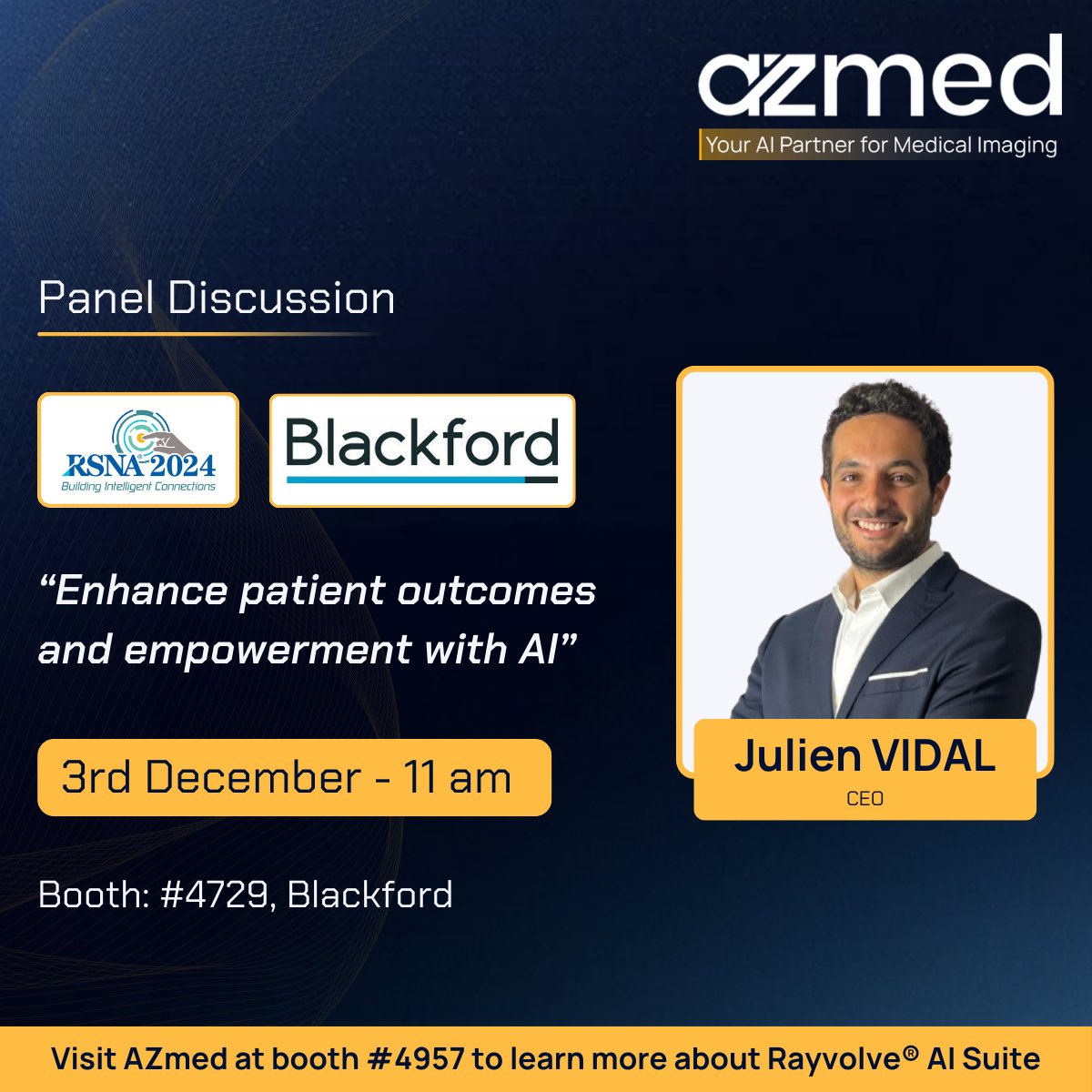 AZmed_AI's tweet photo. At #RSNA2024, AZmed will be participating in key sessions addressing the future of AI and its role in medical imaging. Here's where to follow along:

🎤 Poster Presentation:
1️⃣ "Enhancing Pediatric Fracture Detection: Assessing the Efficiency of a Deep Learning AI Model and Its Impact on Radiologists' Performance"
🗓️ 4th December | ⏰ 12:45 PM |📍Learning Center
Presented by Dr. @SeanRajMD, CIO, SimonMed Imaging

🎤 Panel Discussions: 
1️⃣ “Value Propositions of AI Applications within Clinical Settings”
🗓️ 2nd December | ⏰ 11:00 AM |📍Booth #5733, @CARPLai
Featuring Alexis, Sales Executive, AZmed

2️⃣ “Enhance Patient Outcomes and Empowerment with AI”
🗓️ 3rd December | ⏰ 11:00 AM |📍Booth #4729, @Blackford
Featuring Julien Vidal, CEO, AZmed

Stop by our booth #4957 to learn how our Rayvolve® AI Suite can support your clinical practice with increased diagnostic efficiency and improved patient care outcomes.

👉 Book an on-site demo with our team in advance: https://t.co/XIHDbrDCxS

@rsna #RSNA #AZmedRSNA #RSNA24 #Rayvolve