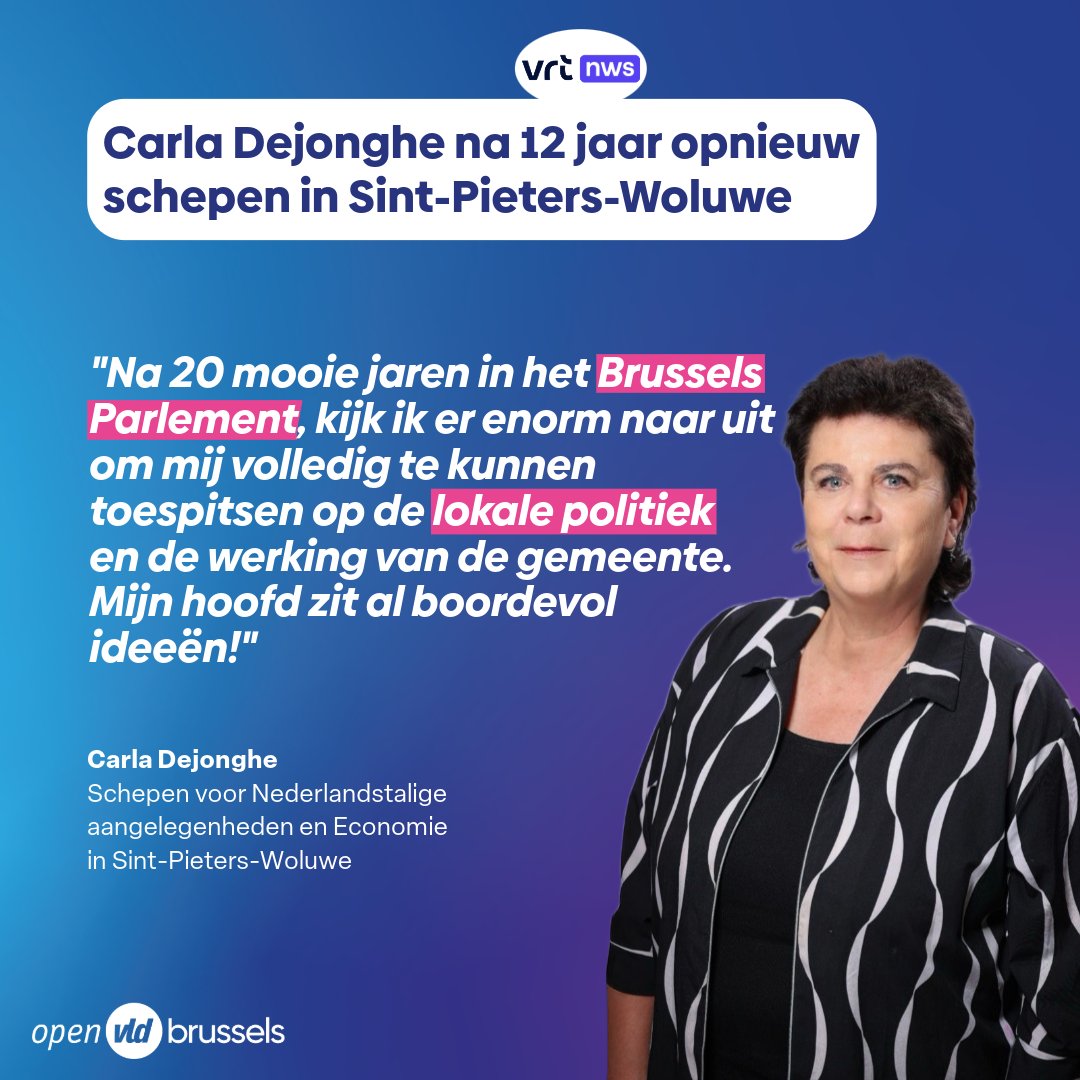 Après 20 ans de mandat au Parlement bruxellois, le poids lourd de la politique bruxelloise <a href="/DejongheCarla/">Carla Dejonghe</a>  devient échevine à Woluwe-Saint-Pierre. Elle sera chargée des affaires néerlandophones et de l'économie.

Proficiat, Carla, en veel succes! 💙