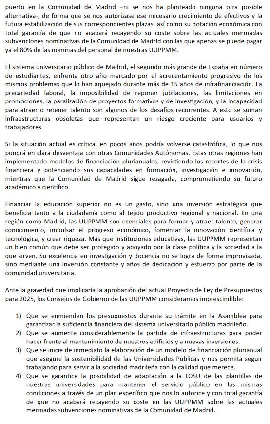 Esta mañana se ha celebrado un Consejo de Gobierno extraordinario en las Universidades públicas madrileñas para informar sobre la preocupante situación a la que se enfrentan por el empeño de la Comunidad de Madrid para asfixiarlas económicamente. Carta Abierta a la presidenta