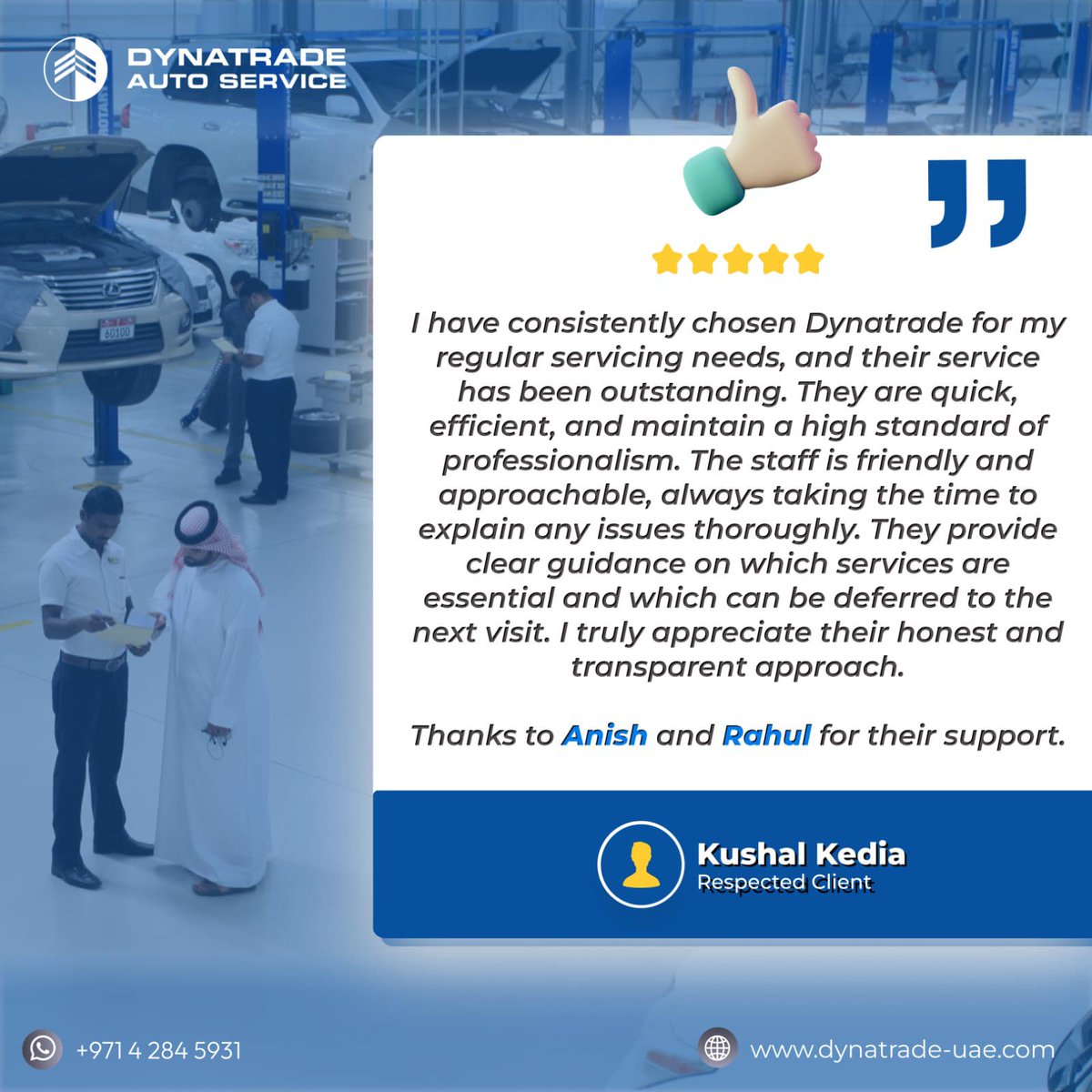 Honesty, transparency, and top-notch service—just what we strive for at Dynatrade!

Whatsapp Us: +97142845931
Website: dynatrade-uae.com

#Dynatradeautoservices #CustomerReview #CarServiceUAE #ProfessionalService #HonestApproach #CustomerFirst