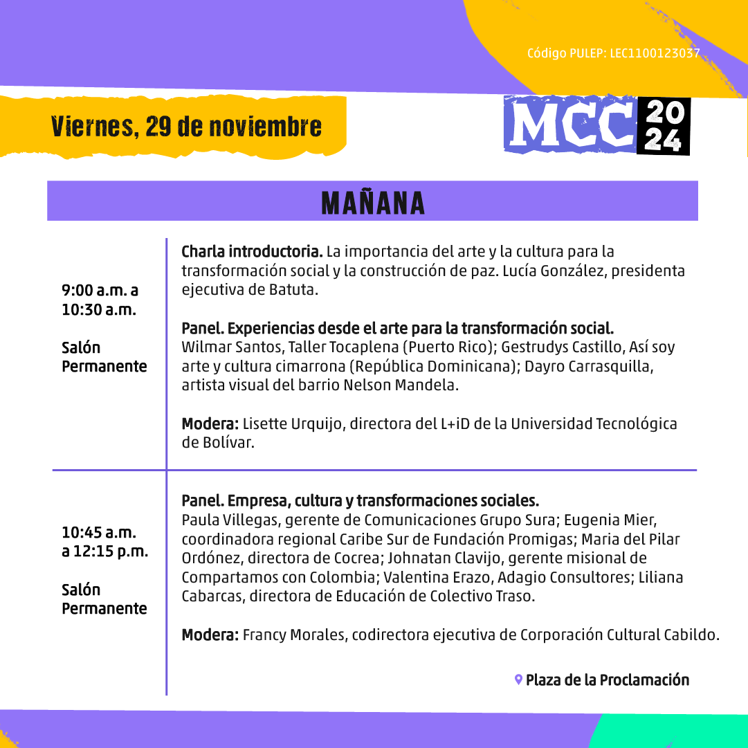 Hoy con la inauguración del Mercado Cultural del Caribe a las 5:30 pm inicia también su Franja Académica que coordino desde 2011, y que cuenta con el respaldo de <a href="/utboficial/">UTB Oficial</a> a través del <a href="/laboratorio_lid/">Lab Dllo & Cultura</a>. 
Palacio de la Proclamación, entrada libre hasta completar aforo. Lleguen.