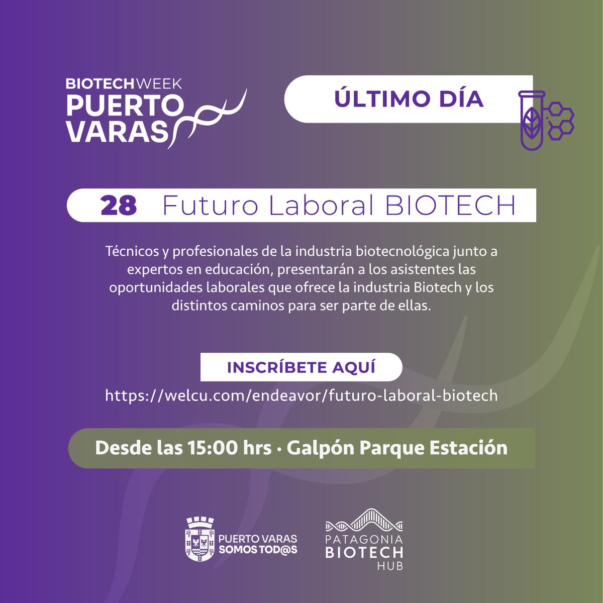 muniptovaras's tweet image. #BiotechWeek 🧬 Hoy jueves 28 de noviembre es la última jornada del principal evento de ciencia e innovación de #PuertoVaras

Desde las 15:00 horas abordaremos los desafíos del “Futuro Laboral Biotech” que impulsa la Biotecnología, en la región con un enorme potencial.