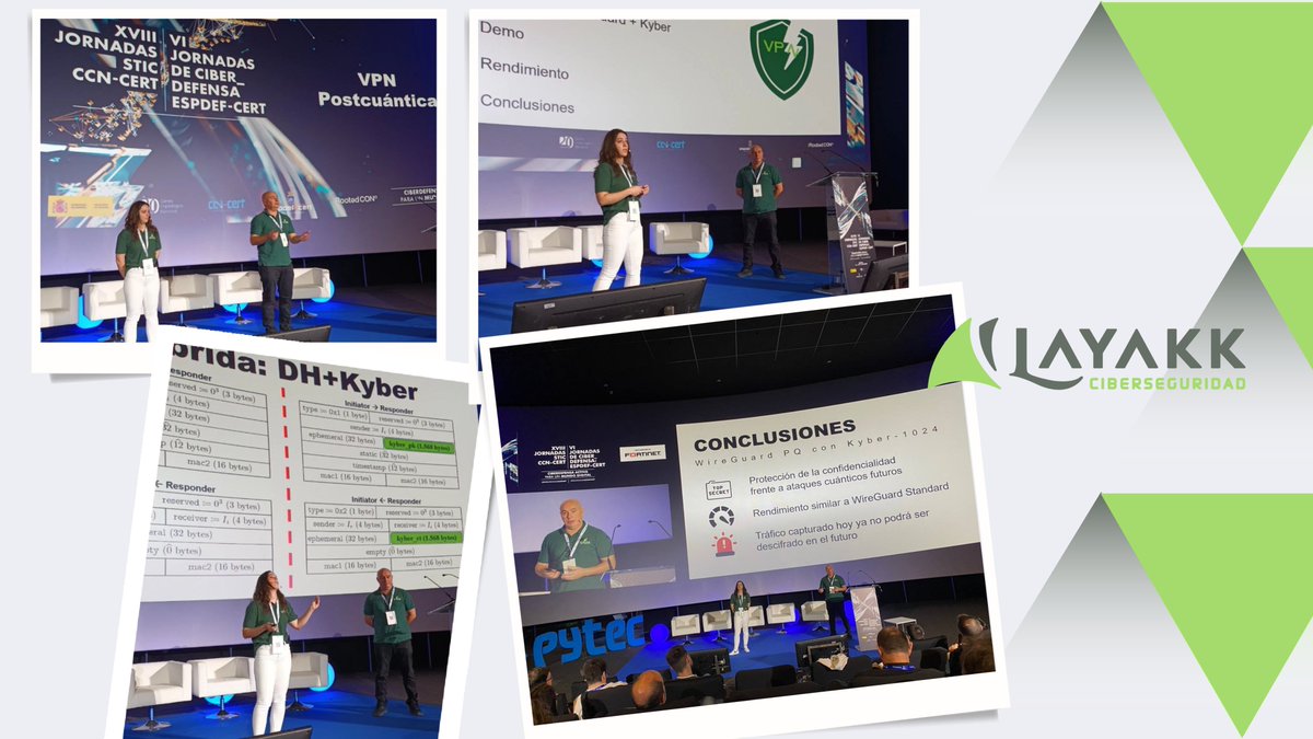 Hemos estado con nuestros compañeros Andreea y David, en las #XVIIIJornadasCCNCERT 
Fascinante la fusión de WireGuard PQ con Kyber- 1024  🙌 #VPNPostcuantica
#VIJornadasESPDEFCERT #XVIIJornadasCCNCERT
Seguimos trabajando en la creación de entornos seguros #Ciberseguridad #Layakk