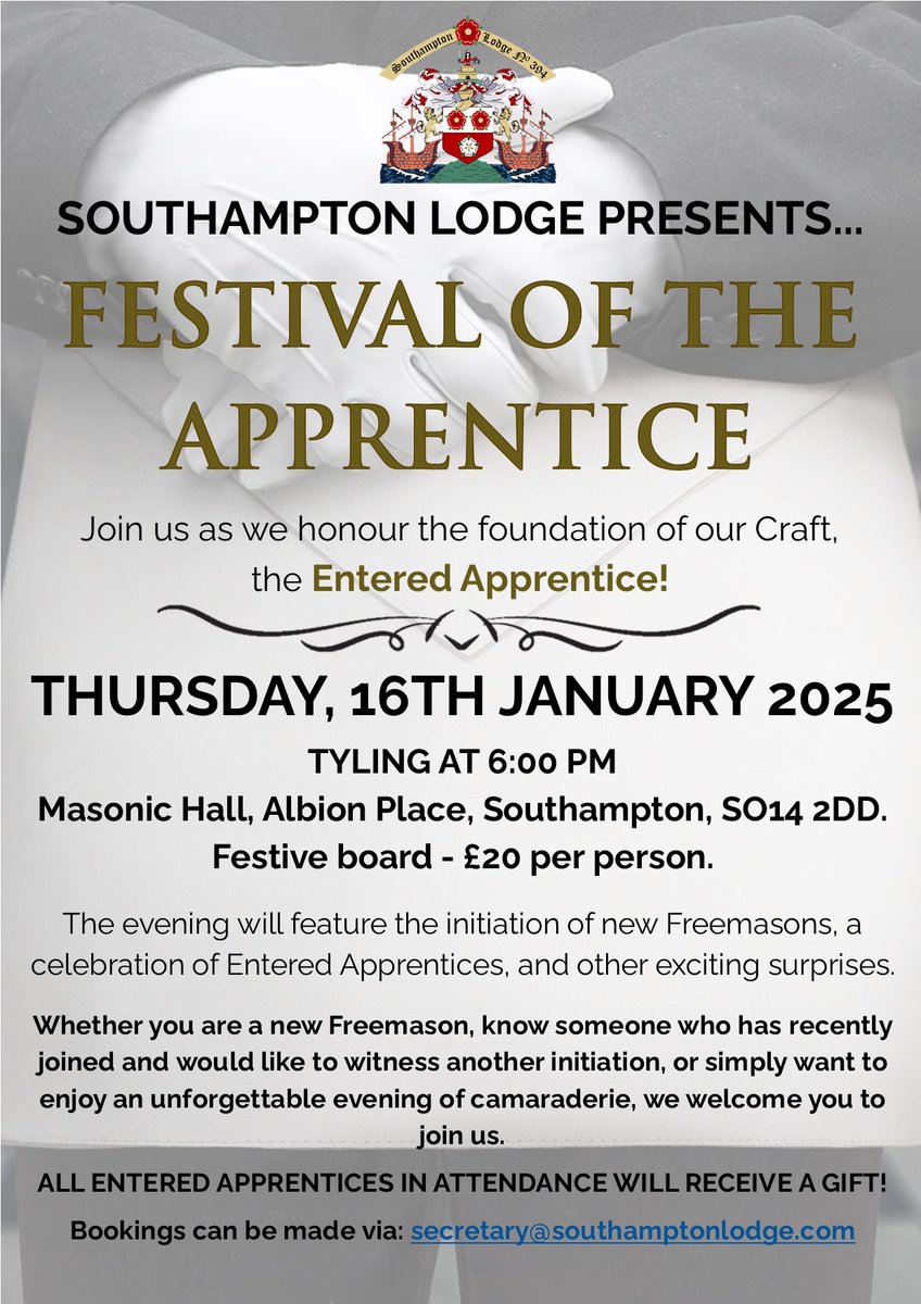 Brethren, are you new to the Craft and want to see another Initiation? Do you have an Entered Apprentice in your Lodge who wants to go out visiting? Do you want a night out amongst other Freemasons? Whatever your reason, why not come to our 'Festival of the Apprentice'?