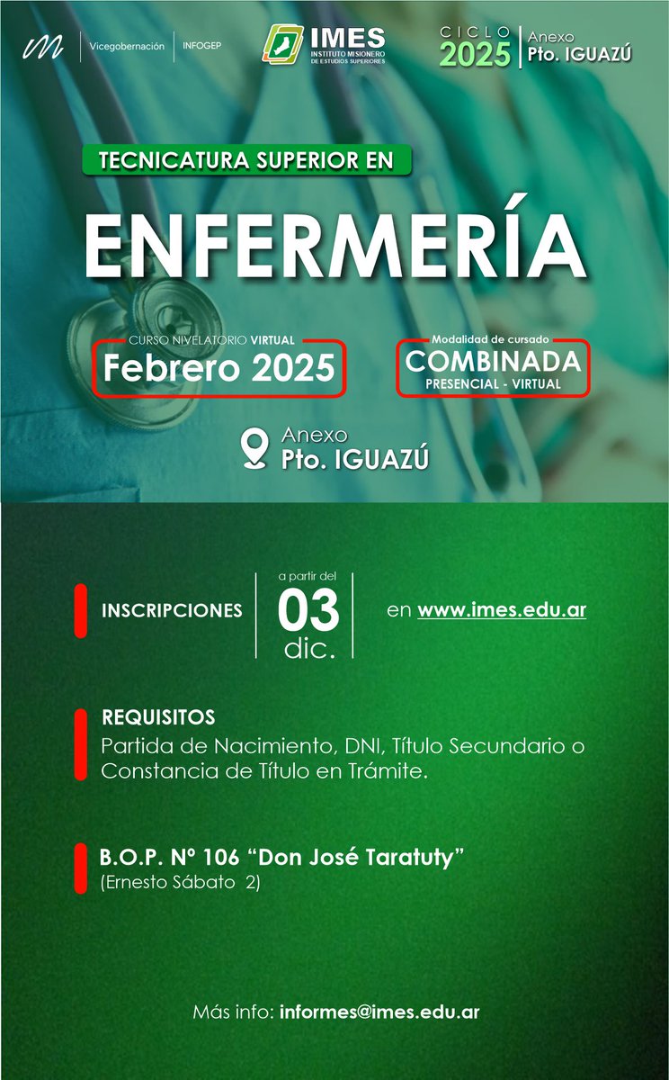 📢 ¡Estudiá Enfermería en el IMES! El IMES Anexo Iguazú te invita a sumarte a la Tecnicatura Superior en Enfermería, una carrera gratuita y con excelente salida laboral . 📷 Inscripciones en imes.edu.ar <a href="/IguazuMuni/">Municipalidad de Puerto Iguazú</a> <a href="/pianovimariano/">Mariano R. Pianovi</a>