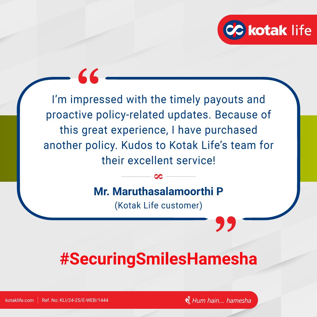 At Kotak Life, we are dedicated to providing seamless and hassle-free services.Your feedback strengthens our promise to deliver the best, hamesha

T&amp;C: bit.ly/3V7np4P

#customerappreciation #KotakLife #lifeinsurance #customerservice