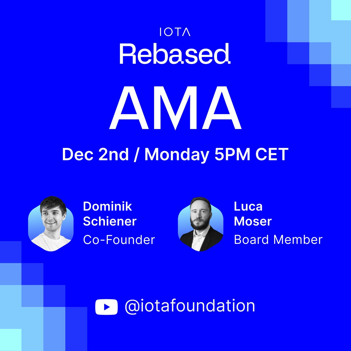 iota's tweet photo. 🔔 It's time for an #IOTA Rebased #AMA! 🔔

Ask @DomSchiener &amp; @luca__moser anything about the proposed #Rebased protocol:

📅 Monday, Dec 2nd, 5PM CET on YouTube

Make sure to post your questions in the ama-questions channel on Discord 👇
https://t.co/vbg93hQBiG https://t.co/AZsHBE7pnt