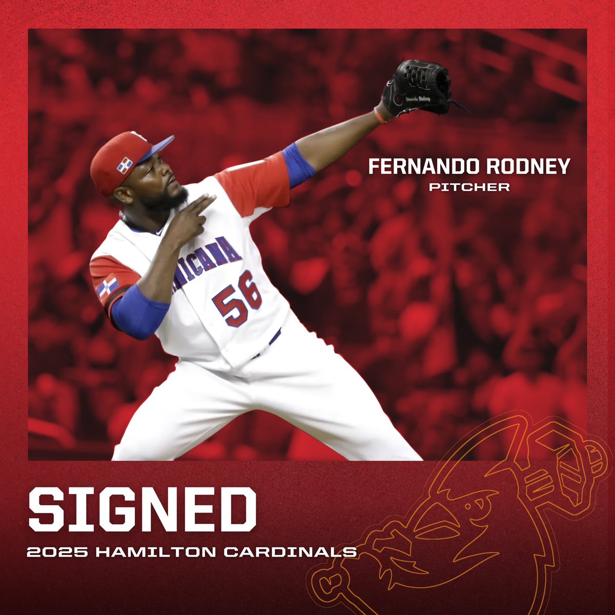 HamCardinalsCBL's tweet image. The Hamilton Cardinals sign MLB legend Fernando Rodney for the 2025 season!

⚾ 327 saves
⭐ 3x All-Star
🏆 World Series Champ
🏆 World Baseball Classic Champ

Read more: bit.ly/4ic4CiG