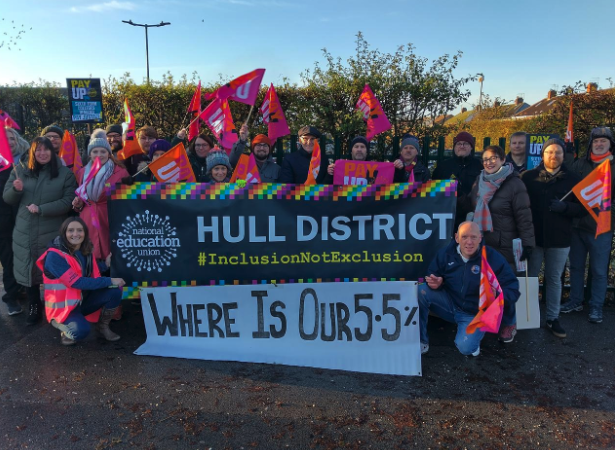 NEUnion's tweet photo. Good question - where is our 5.5%?? Wyke Sixth Form members in Hull are taking action today to tell the Government to make a fair, fully funded pay offer. We need pay justice now! #PayUp24! https://t.co/iIKOnXzL61
