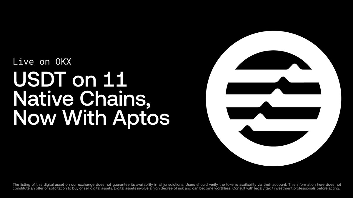 Native @Aptos $USDT is now supported on OKX! With native $USDT @tether_to  support on over 11 chains, we provide you a chain agnostic experience that  allows you to capture opportunities when trading.