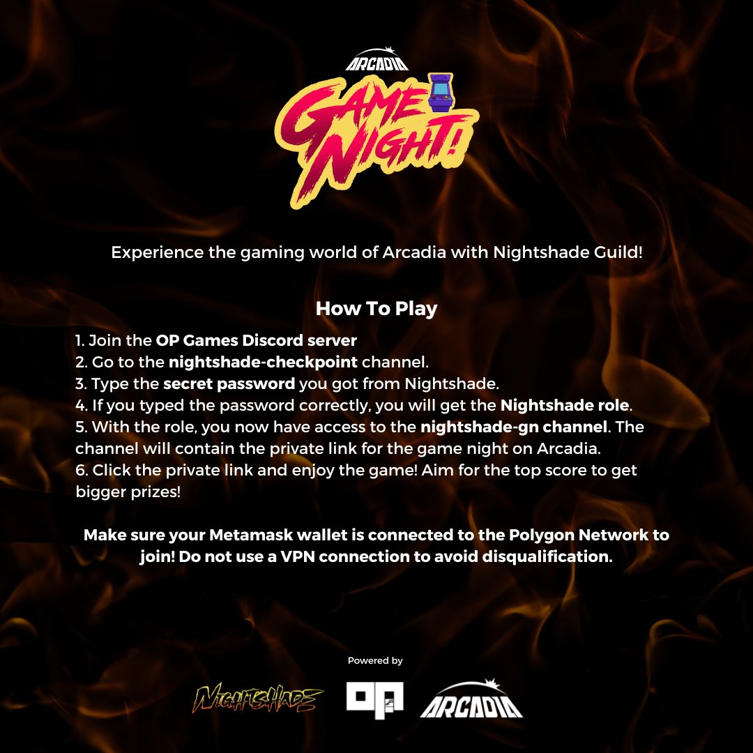 NEW GAME NIGHT! Arcadia x <a href="/OrderNightshade/">Nightshade Order</a> 

Schedule: November 29 at 1PM UTC (9PM Philippines Time)

Compete for your share of a 100 USDC prize pool!

Prizes:
1st -  40 USDC 
2nd - 30 USDC  
3rd -  20 USDC  
4th - 10 USDC