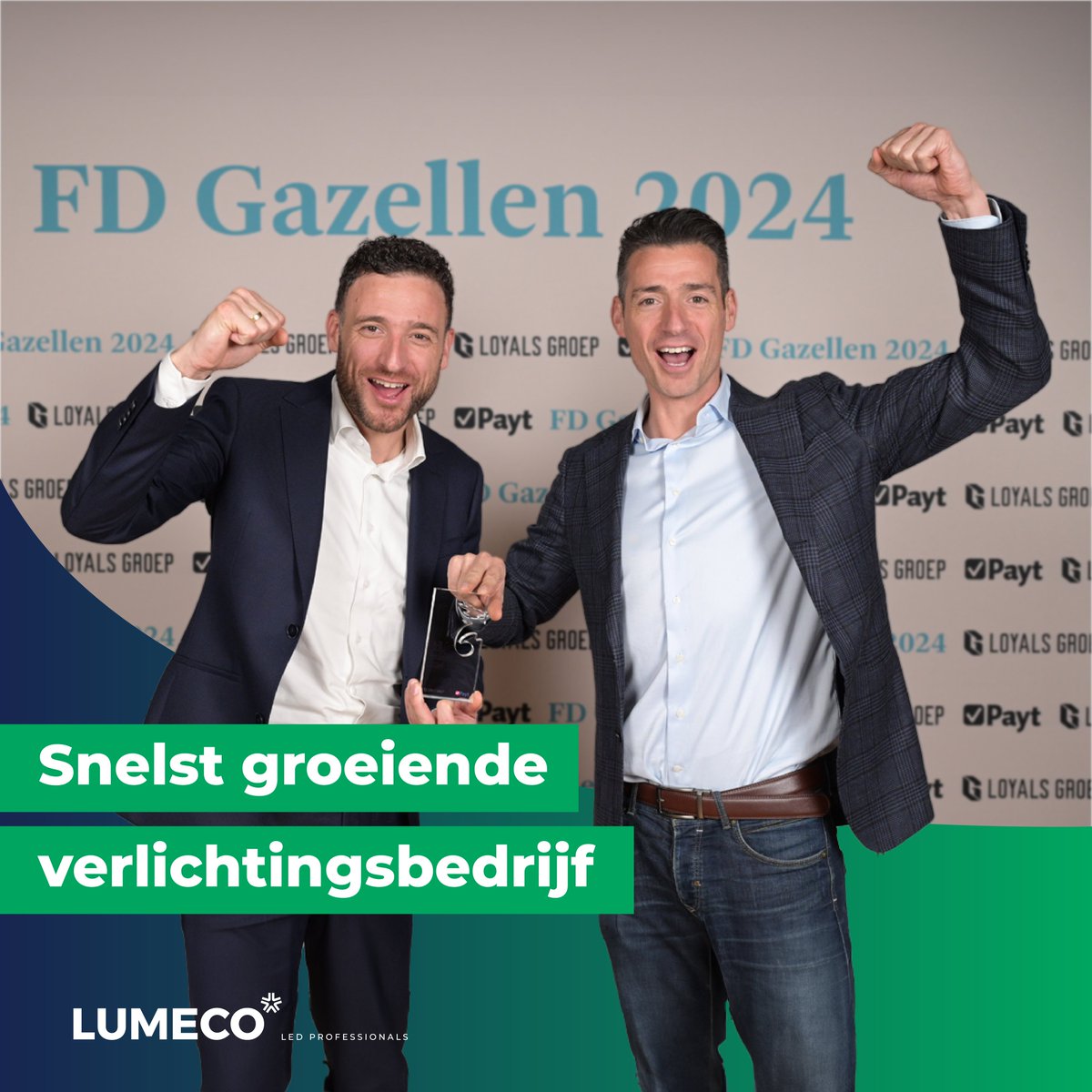 Lumeco groeit door! 🚀

Afgelopen vrijdag hebben we bij de FD Gazelle Awards een mooie 19e plaats behaald in de regio West. We zijn trots om het snelst groeiende verlichtingsbedrijf van Nederland te zijn! Wouter en Stefan waren erbij om de prijs in ontvangst te nemen. 🏆