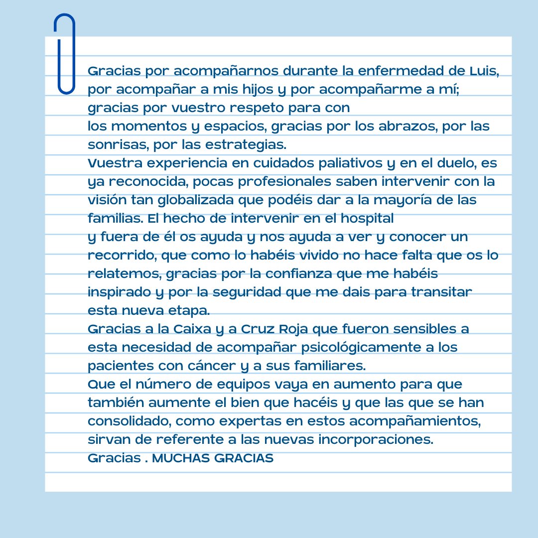 💙 Nos sentimos profundamente agradecidos por tan hermosas palabras. Gracias al equipo de Atención Psicosocial por acompañar siempre en los momentos más difíciles. También, agradecemos a <a href="/FundlaCaixa/">Fundación ”la Caixa”</a> y <a href="/CruzRojaAlmeria/">Cruz Roja Almería</a> por su apoyo incondicional. 🙏