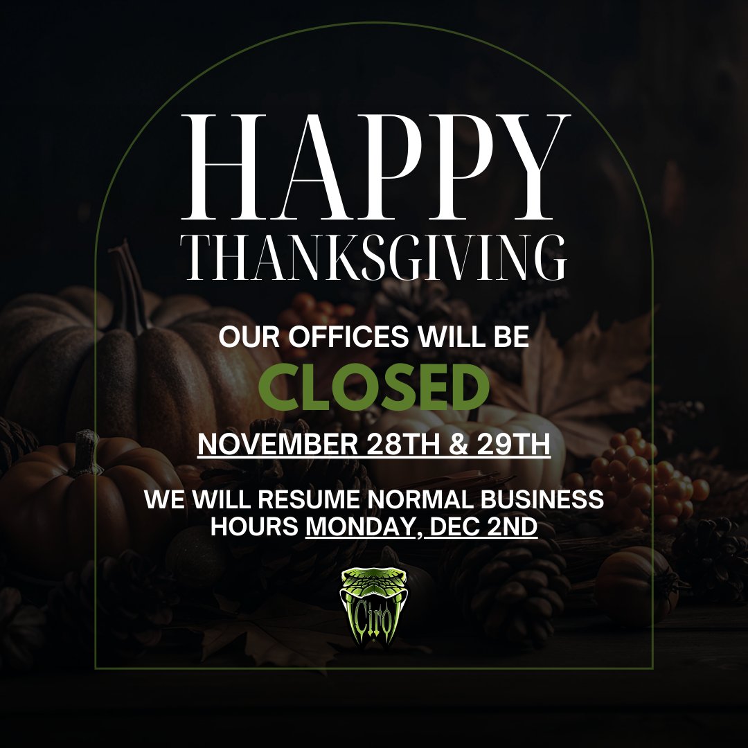 Ciro3D's tweet photo. Happy Thanksgiving! 🍁🦃 We want to wish everyone a safe and happy holiday weekend. 

Our offices will be closed today and tomorrow. We will resume normal business hours on Monday, December 2nd. https://t.co/UJpkPqQIMq