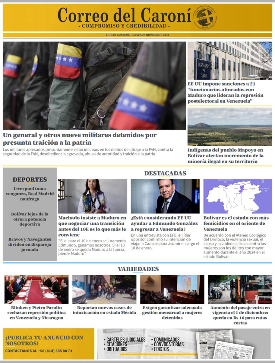 CorreodelCaroni's tweet photo. ¡ #BuenosDías ⛅, Venezuela! Compartimos la portada 📰 con los titulares de este #28Nov2024.

📲 Noticias Correo del Caroní. Únete y recibe noticias al momento y el resumen informativo del día.

🟩 WhatsApp: https://t.co/ZpmrdECFou

🟦 Telegram: https://t.co/svco1TEEx2 https://t.co/zQoMlx30ea