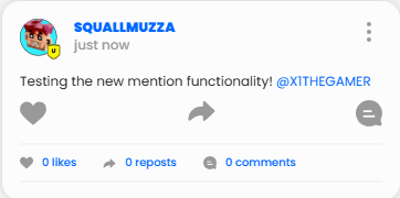 Another Quality Of Life Update

Mentions have landed to the in-game activity feed. Now you will be able to @ your friends in your posts and comments to make sure they don't miss what you're saying.

This is just another way of helping to keep everyone connected and we'll continue