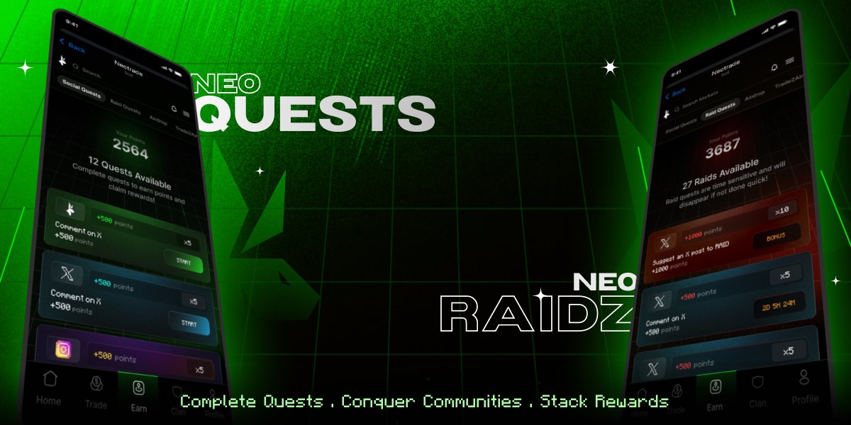 Complete Neotrade Quests and Raidz ⚔️

Top Agents on the leaderboards will unlock NFTs with Multipliers on ALL their points, boosting their $NEO rewards! 💥

🏆 Top 1000 Questers – 1.2x Bonus
🏆 Top 1000 Raiders – 1.3x Bonus
🏆 Top 1000 Referrers – 1.5x Bonus

Start Your Mission
