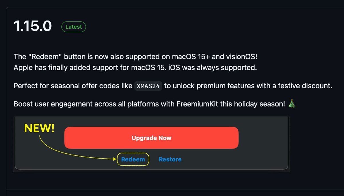 ✨ New SDK version 1.15.0 adds support for the "Redeem" button on macOS 15+ and visionOS! 🎉 iOS always supported.

🎄 Perfect for festive promotions like XMAS24 to unlock premium features. Enhance engagement across all platforms this holiday season! 💫

#iOSDev #macOS #visionOS