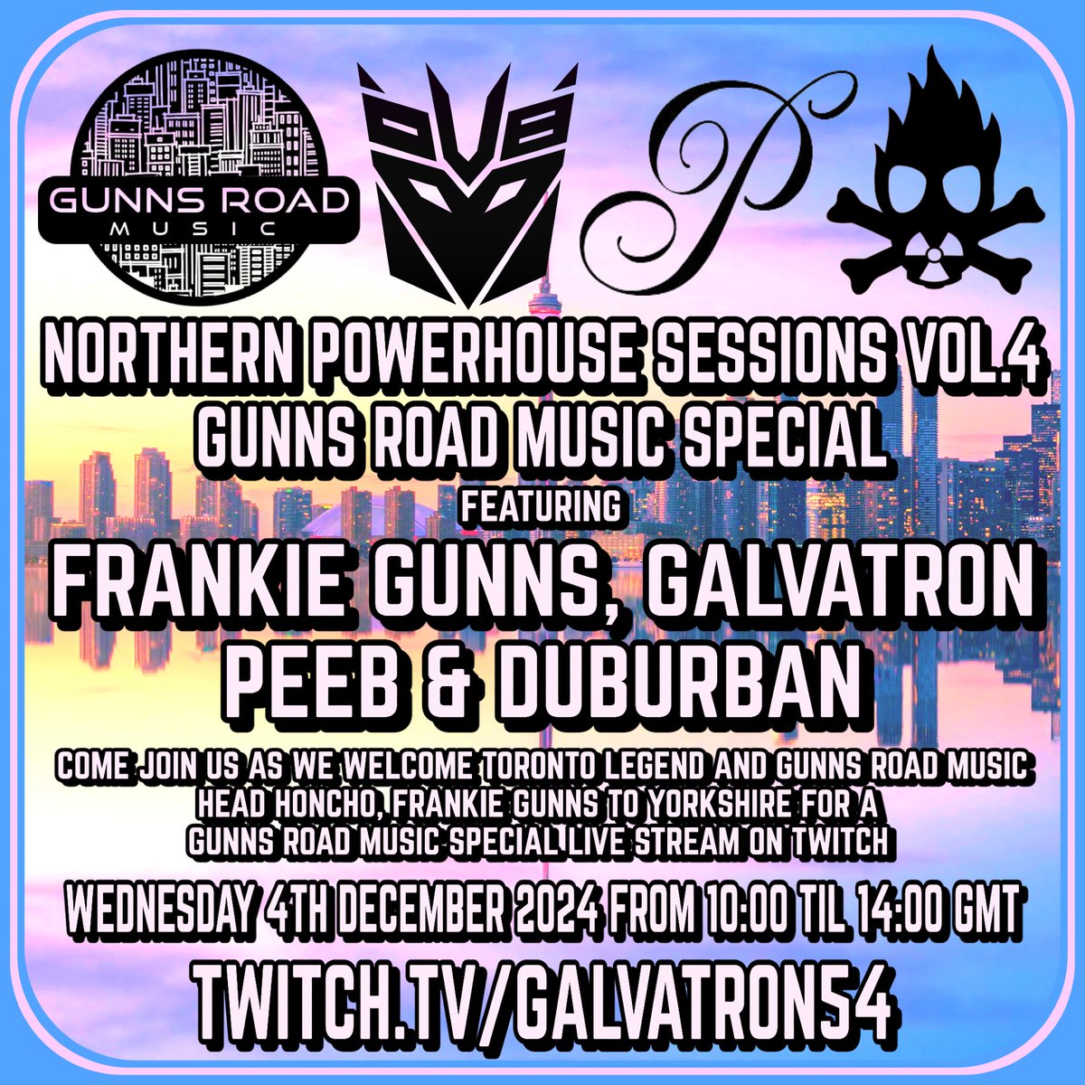 Coming up next week on Twitch.....
We welcome Toronto legend and Gunns Road Music head honcho, Frankie Gunns to Yorkshire for a Northern Powerhouse meets Gunns Road Music Special b2b live stream on Twitch.
Would love it if you could join us! 
twitch.tv/galvatron54 🔥🔥