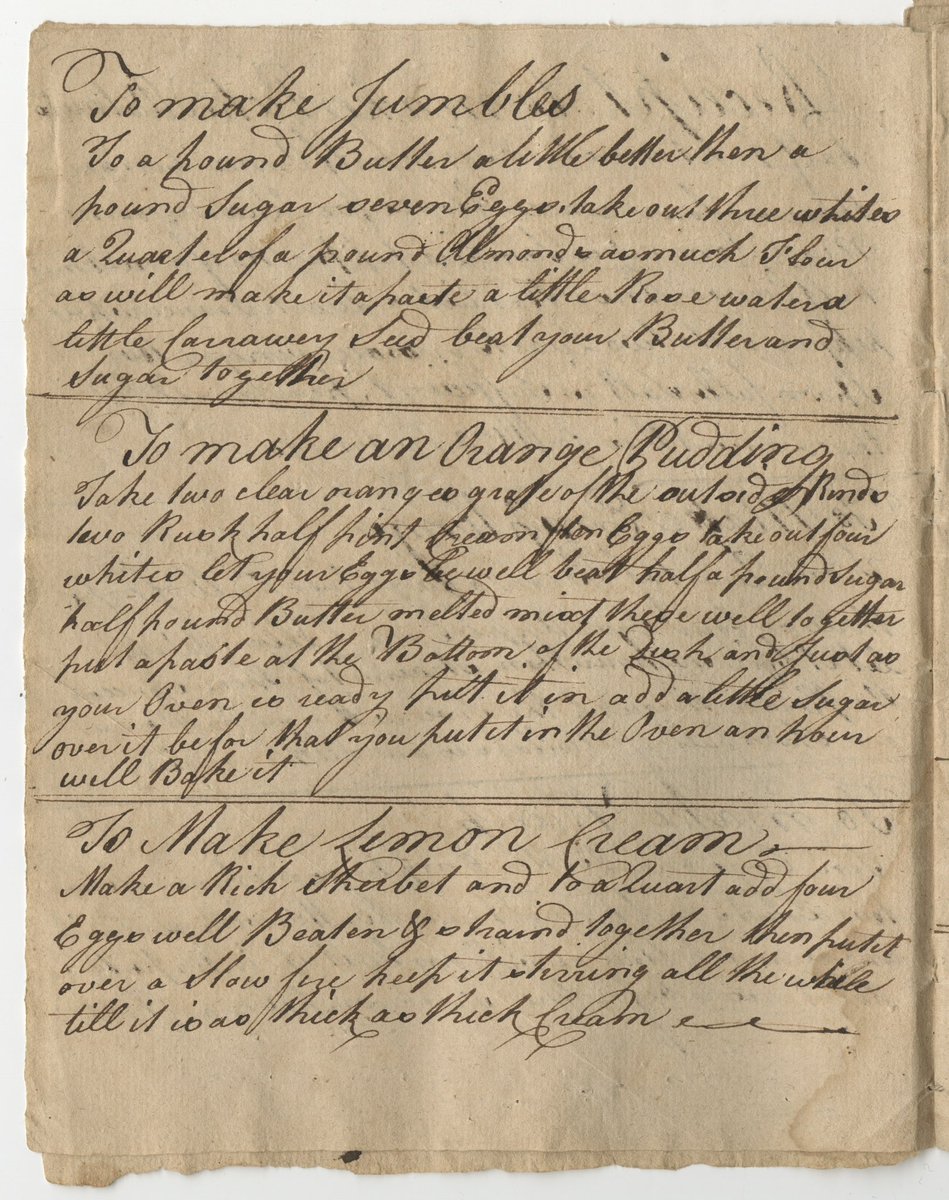 AmRevInstitute's tweet photo. Looking for a last minute #dessert for #Thanksgiving? 🙋‍♀️ Try these recipes for jumbles [a simple crisp cookie], orange pudding &amp; lemon cream! These recipes come from a handwritten recipe book in our collections from the 18th century. #HistoricRecipes #AmRevInstitute https://t.co/piwUEzm3g7