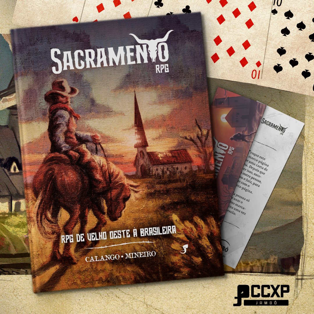 jamboeditora's tweet photo. Para jogar SACRAMENTO RPG, você só precisa de três itens: o livro, um par de d6 e um baralho. É isso mesmo: aqui, a iniciativa se resolve no carteado! E se a situação complicar, você pode tentar desenrolar com o mestre no papinho antes de fazer um teste com os dados! 🃏

Bora viver uma aventura nesse RPG de velho Oeste à brasileira? 🐎

➡️ Disponível no estande da Jambô na CCXP ✨
➡️ Em breve em https://t.co/OE3Req5cEi 🛒