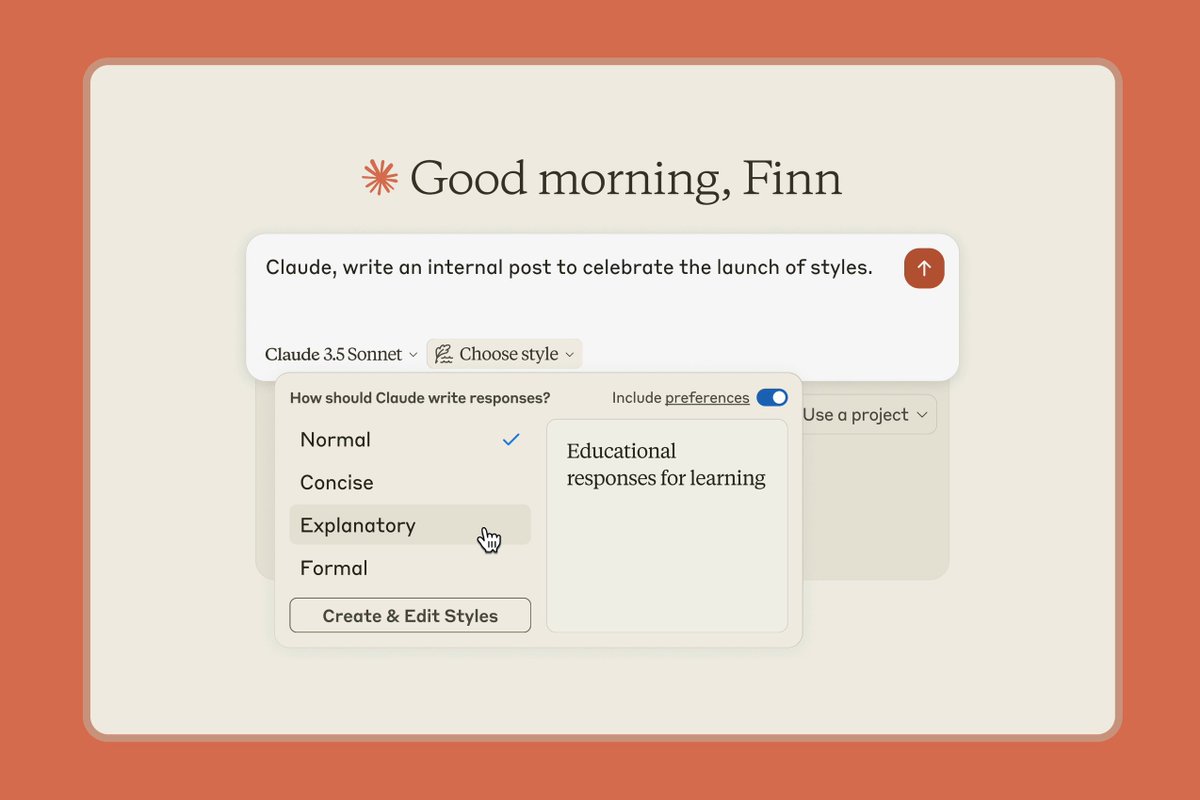 В Claude появился выбор стилей для ответов нейросети.

Они помогут пользователю получать ответы в удобном формате. Плюс есть возможность создать собственный стиль из загруженного документа.