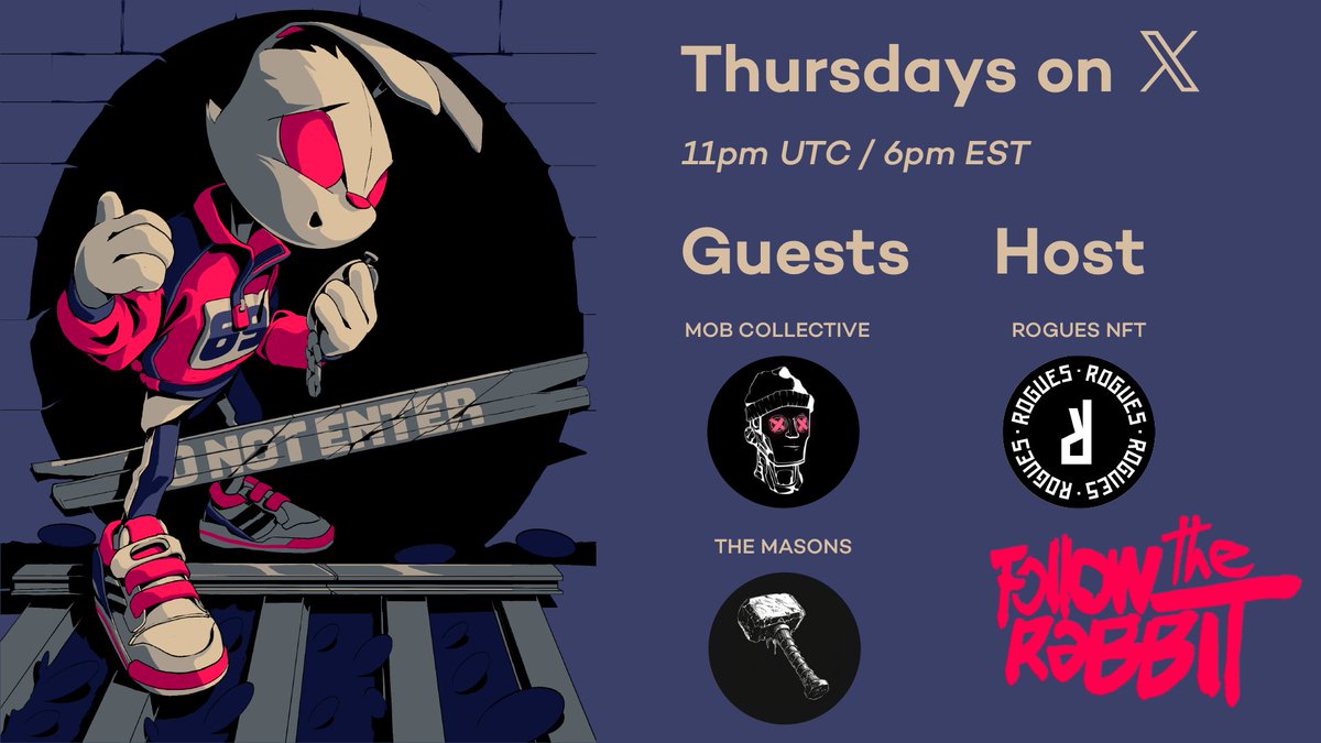 🐇 Follow the Rabbit - Ep. 1 🐇
Join our Space tonight featuring two incredible guest projects:
👉 <a href="/MOBCollective_/">Mob Collective</a>
👉 <a href="/MasonsOnSolana/">The Masons</a>

Host: <a href="/DegenFounder/">Degen Founder | 🐰🕳️</a>
Co-Hosts: @0xJcky &amp; <a href="/sevenlucasneves/">☁️ seveN</a> 
Guests: <a href="/2foot__/">2foot</a> &amp; <a href="/KingYabsss/">Yabsss</a> 

🕒 See you in a few hours!
🔥 Don’t miss the