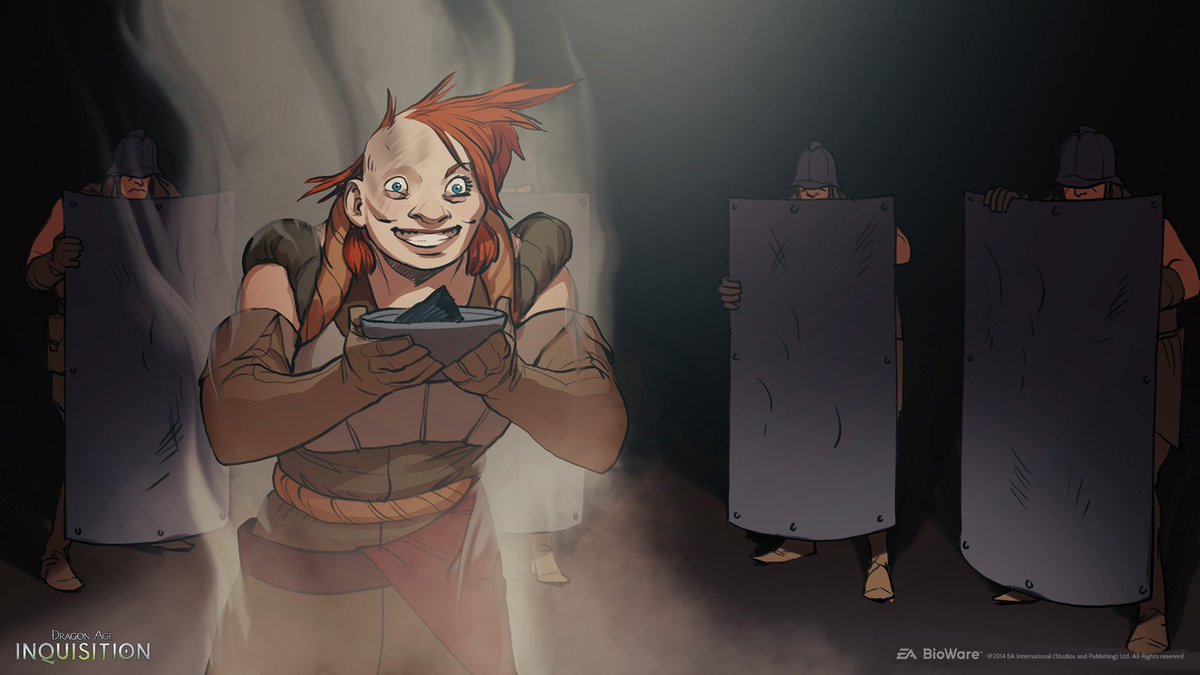 mattrhodesart's tweet photo. From Inquisition’s Trespasser DLC
An earlier version of the story. Sten would arrive to arrest you for meddling with magic, but Dagna has reverse engineering their explosives. You leave a trap for when they return, sacrificing Skyhold in the process. https://t.co/0gTrLB4fiI