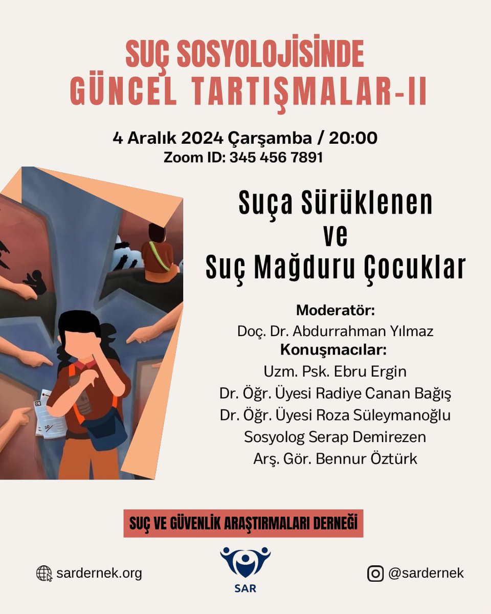 Suç sosyolojisi odaklı tartışmaların ikinci toplantısında suça sürüklenen ve suç mağduru çocuklar konusu ele alınacaktır. 
Konuya ilgisi olanları 4 Aralık'taki çevrimiçi toplantıya bekliyoruz..
