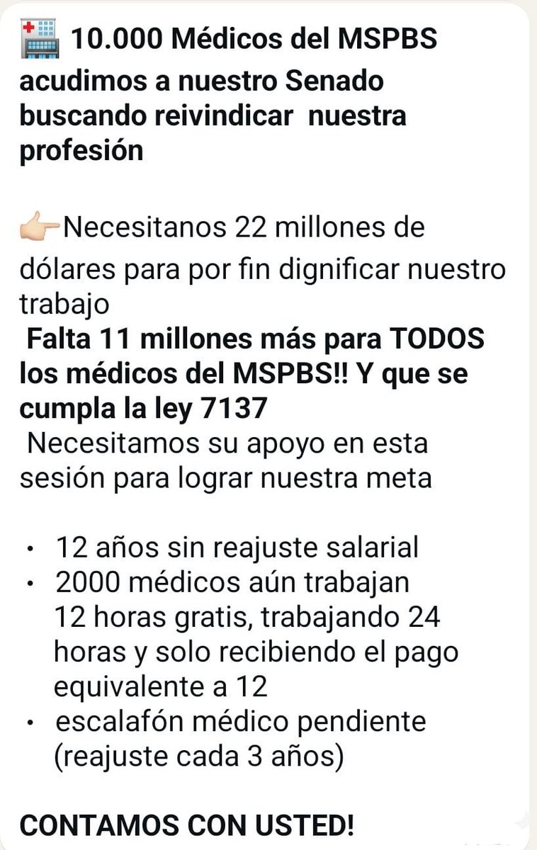 Por el cumplimiento de la ley 7137, 12hs universales a los médicos, igualdad salarial por igual cantidad de horas trabajadas! <a href="/SenadoresPy/">SenadoPy</a> <a href="/ovelar_blanca/">Blanca Ovelar Senadora</a> <a href="/esperanza_py/">Esperanza Martinez</a> <a href="/bachinunezpy/">Bachi Nuñez</a> <a href="/CelesteSenadora/">Celeste Senadora</a> <a href="/OsorioDerlis/">Senador Derlis Osorio</a> <a href="/LiderAmarilla/">Líder Amarilla</a> <a href="/DionisioAmarill/">Dionisio Amarilla Guirland</a> <a href="/NanoGalave/">Nano</a> <a href="/patrick_kemper/">Patrick Kemper</a>