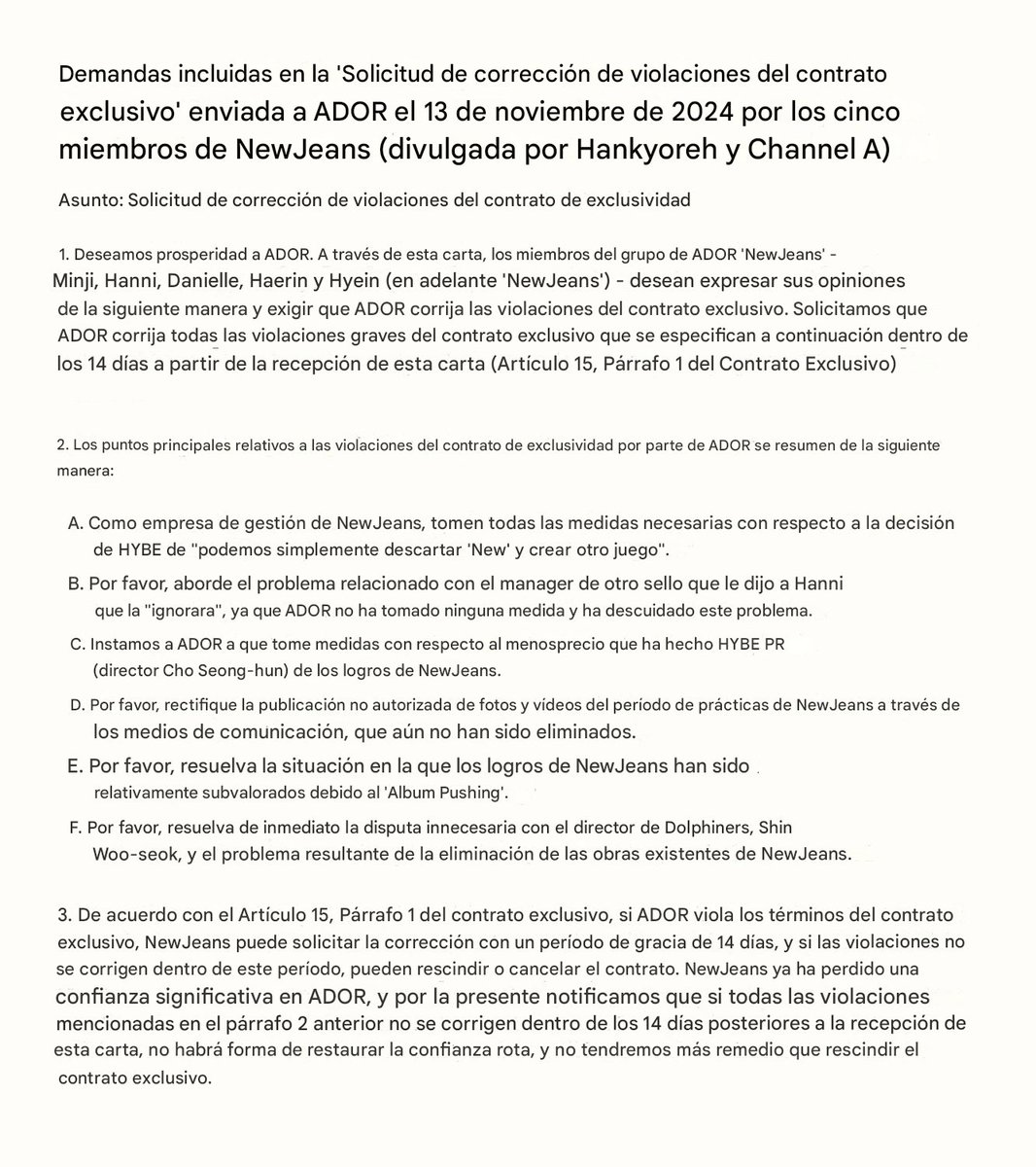 Las demandas de las chicas hacia ADOR acaban de ser reveladas y en ningún punto pidieron a MHJ de vuelta. Estaban exigiendo lo MÍNIMO y es protegerlas de los ataques sin consecuencias de las empresas vecinas.

ADOR eres la empresa más inservible de la historia