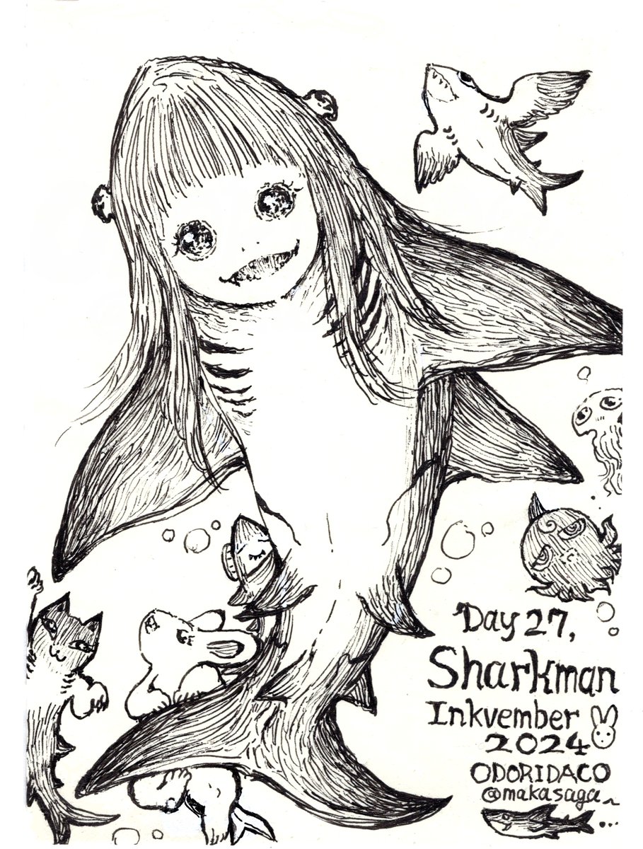 makasaga's tweet photo. きのうの #inkvember 27日目🦈
お題は『鮫男(Shark man)』
#世界サメの日 に突如あらわれた鮫と人の合いの子⁉
亡き母ザメを捨てた人間の父を恨み、いま復讐鬼となりカリフォルニアビーチに上陸する!
「兎猫鳥は見逃す。だが人間、テメーはだめだ」
シャークマン!(全米公開中)
#アナログ絵 #ペン画 https://t.co/XKUjWrMi5r