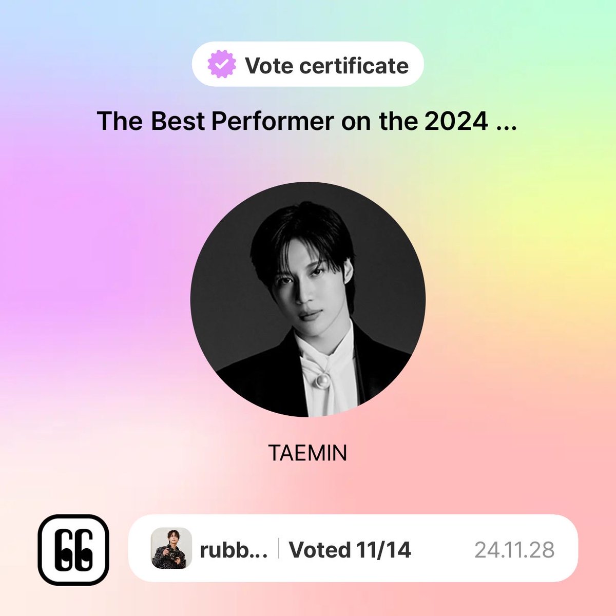 minorubber's tweet photo. https://t.co/f8ctQb88qJ
24/11/18 14:30 ~ 24/12/01 23:59
I voted for The Best Performer on the 2024 KGMA stage in TAEMIN https://t.co/HUxeM1Sezt