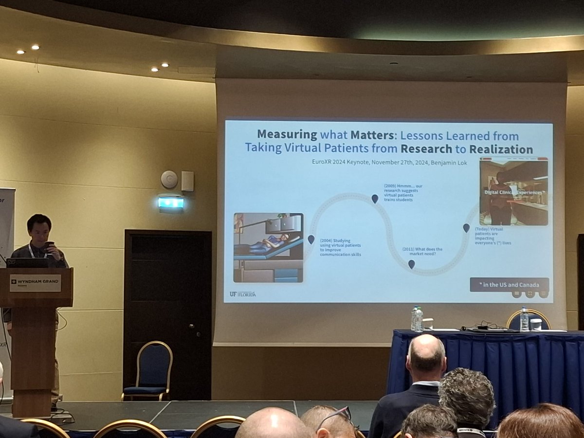 Day 2 at  #EUROXR2024 
Professor Benjamin Lok in the Computer and Information Sciences and Engineering Department at the University of Florida.

Keynote:
📑Measuring What Matters: Lessons Learned from Taking Virtual Patients from Research to Realizatio
