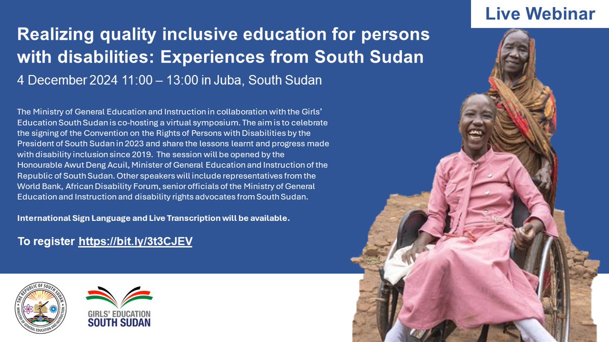 Join GESS &amp; <a href="/MinistrySsd/">SH4D0W_M0N4RK</a> as we celebrate the progress made in #InclusiveEducation in South Sudan.

📢 Realizing quality inclusive education for persons with disabilities: Experiences from #SouthSudan.

⏰4 December, 11:00 – 13:00 CAT

👉Register here bit.ly/4i5bDBU