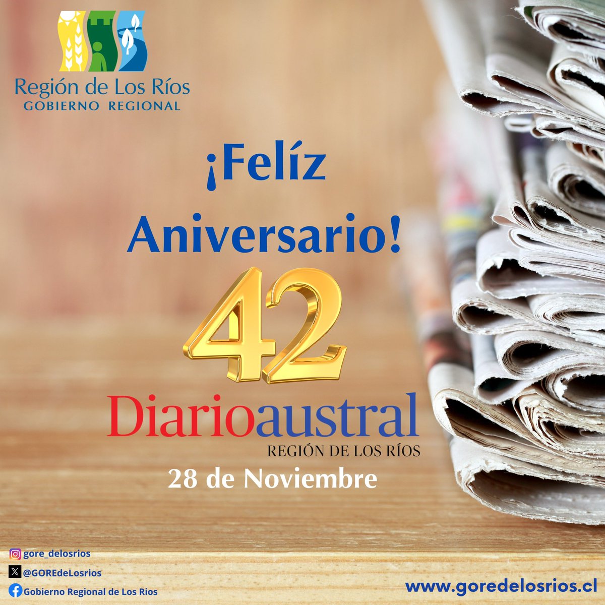 GOREdeLosRios's tweet image. ¡Feliz aniversario al Diario Austral de Los Ríos 42 años! 🥳 celebramos el lanzamiento de su primera edición informando y construyendo futuro en #LosRios. Gracias a la Directora Verónica Moreno y su increíble equipo. 🙌 #DA42 #LosRíos #valdiviacl