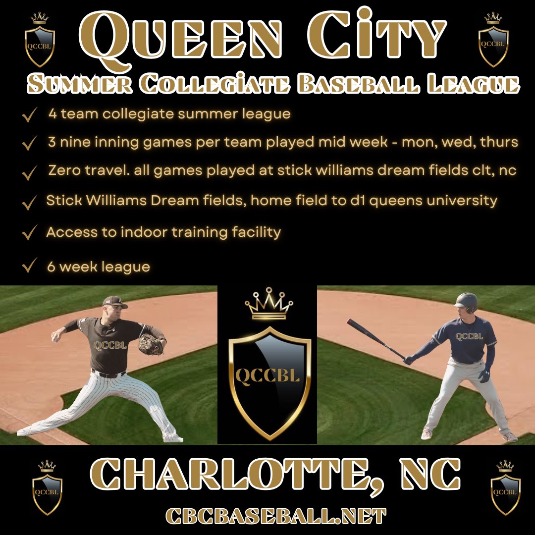 QCCBL-Charlotte NC
Summer Collegiate Baseball
All games played at Stick Williams Dream Fields home field to D1 Queens U Royals

Player interest form:
cbcbaseball.net/player-interes…