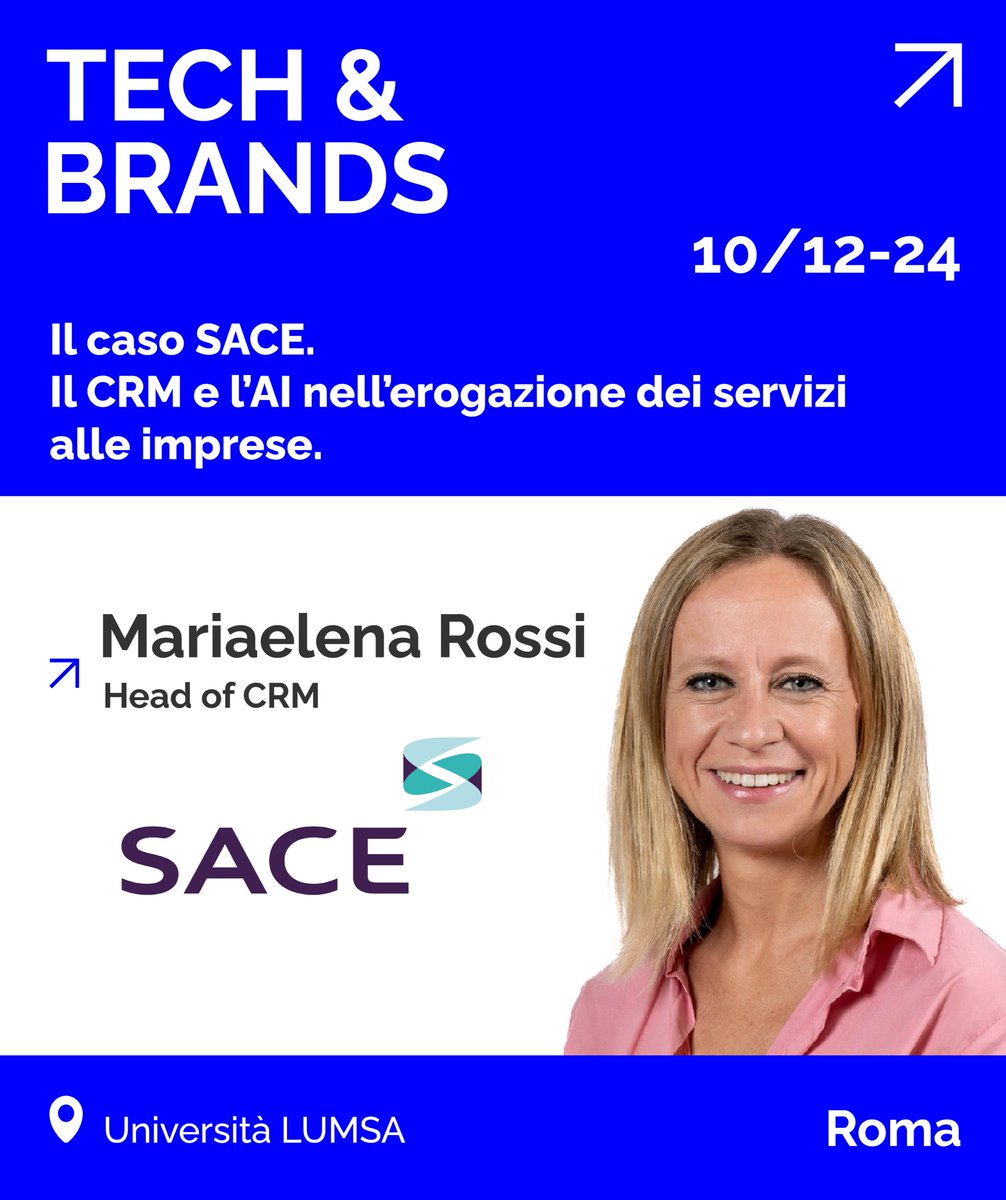 Il 10 Dicembre, a Roma, SACE (impresa controllata dal Ministero dell'Economia e della Finanza), con Mariaelena Rossi, Head of CRM, ci presenterà sapientemente👉 IL CASO SACE: ll CRM e l'AI nell'erogazione dei servizi alle imprese!

Scopri il programma qua: techandbrands.com/roma